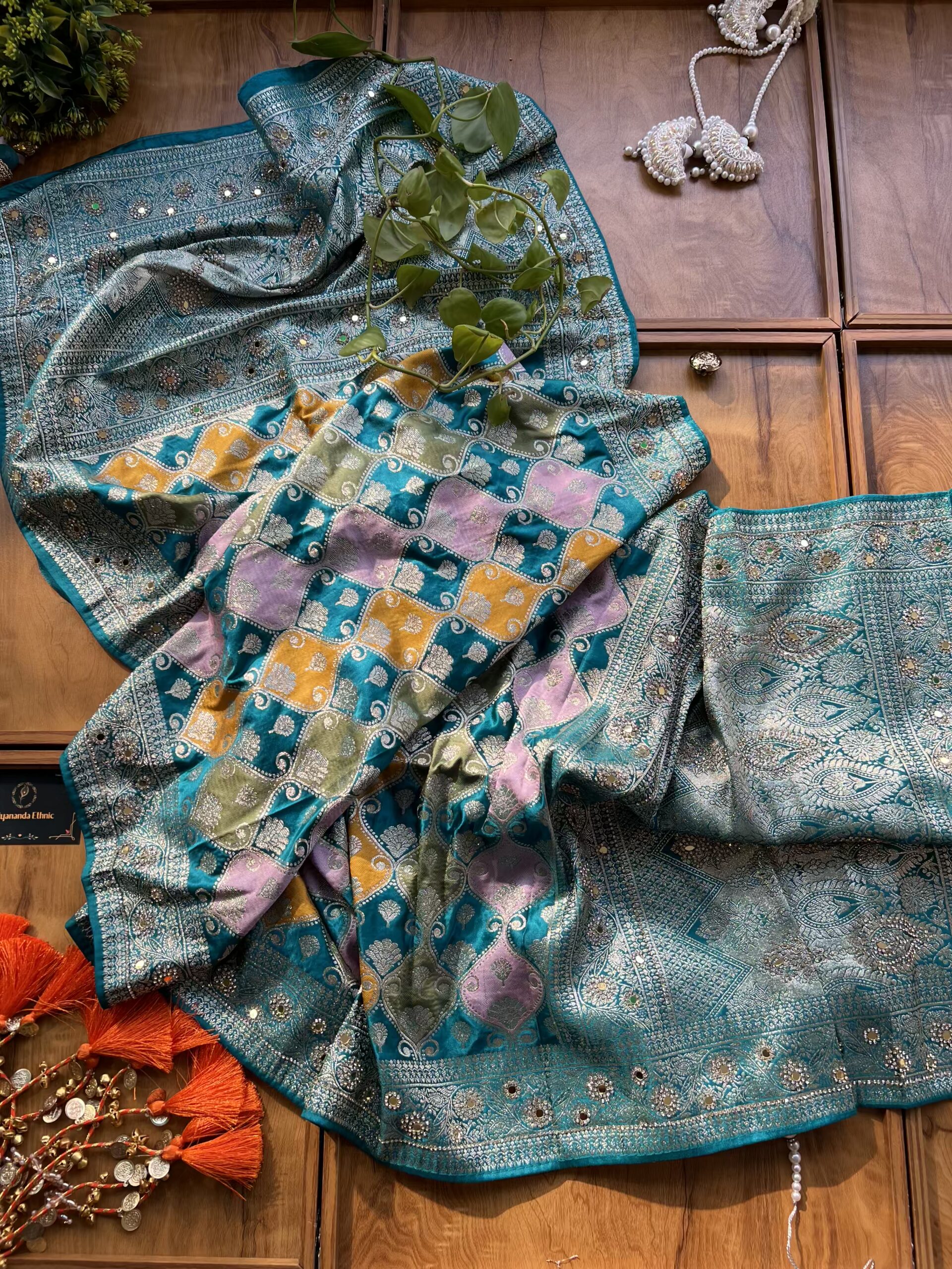 Firozi Blue Satin Silk Woven Zari Meenakari Saree with Heavy Dupatta - Image 6