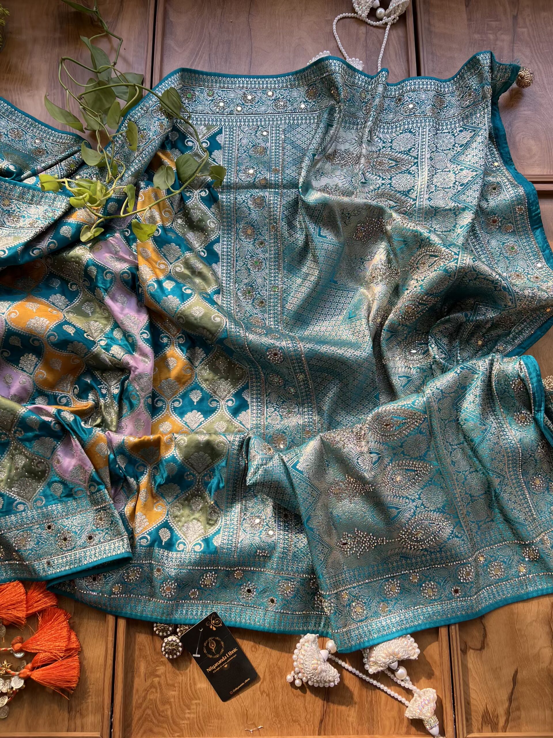Firozi Blue Satin Silk Woven Zari Meenakari Saree with Heavy Dupatta - Image 5
