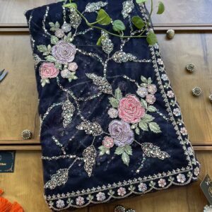Navy Blue Net Floral Rose Heavy Jaal Handwork Saree