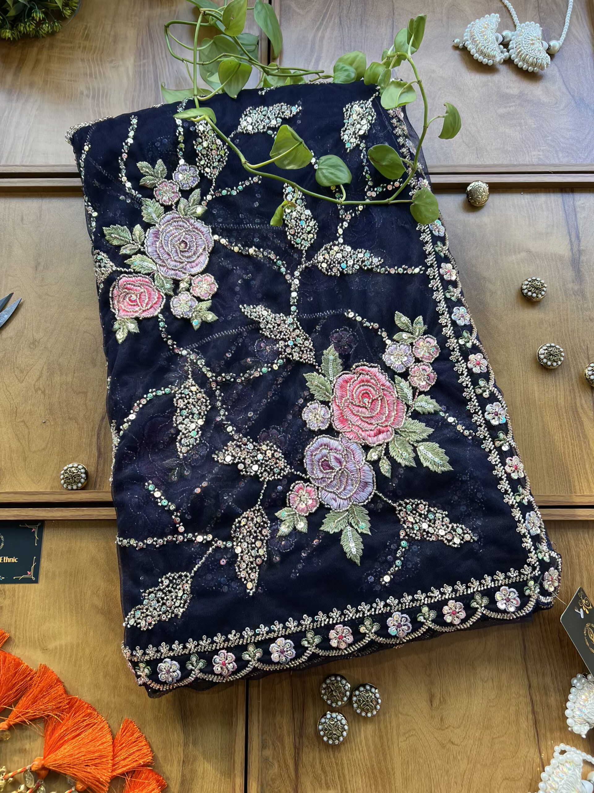Navy Blue Net Floral Rose Heavy Jaal Handwork Saree