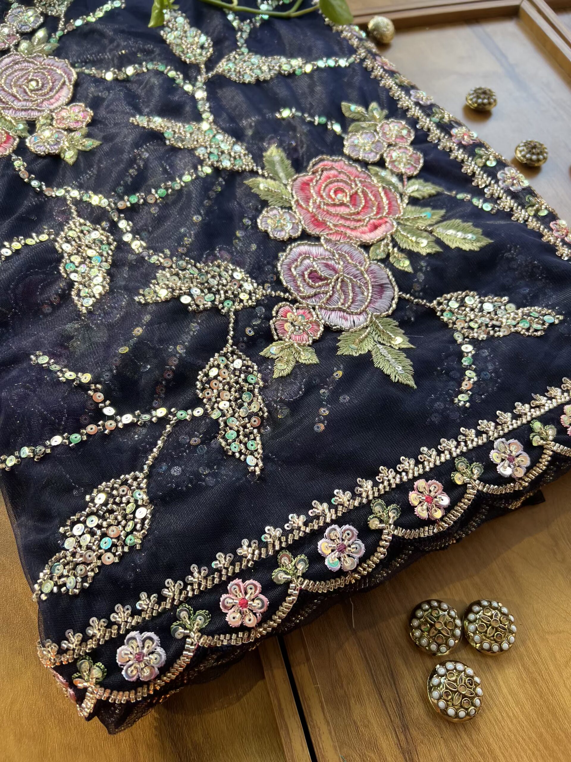 Navy Blue Net Floral Rose Heavy Jaal Handwork Saree - Image 2
