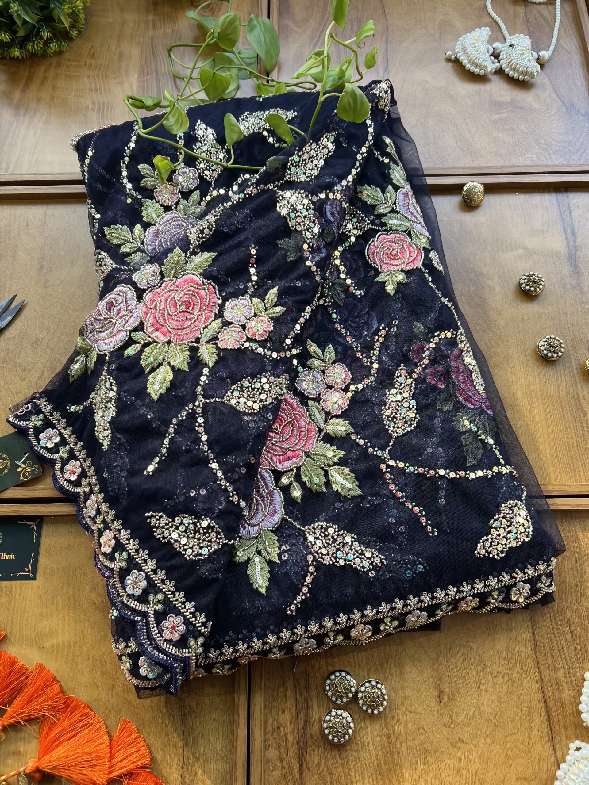 Navy Blue Net Floral Rose Heavy Jaal Handwork Saree - Image 3