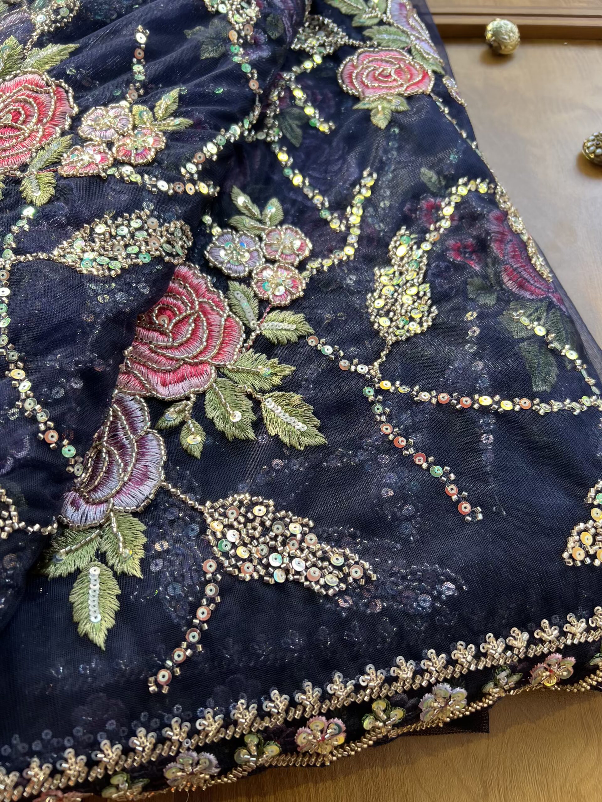 Navy Blue Net Floral Rose Heavy Jaal Handwork Saree - Image 4