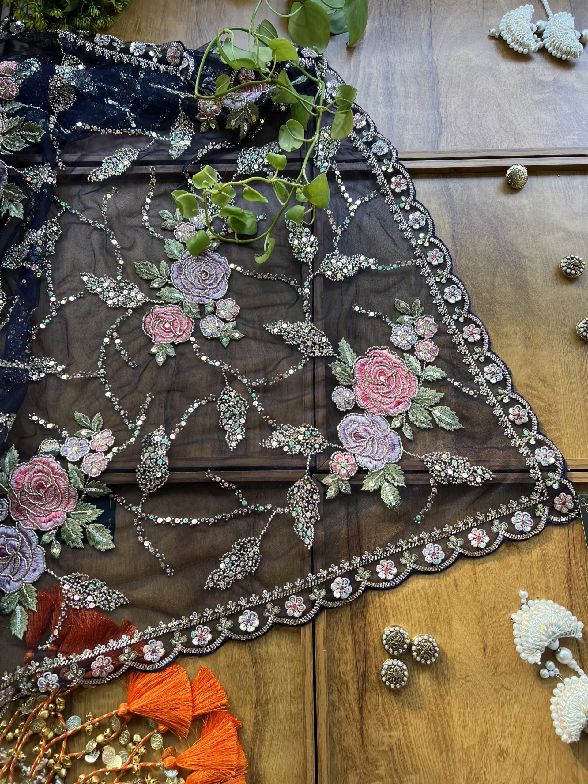 Navy Blue Net Floral Rose Heavy Jaal Handwork Saree - Image 5