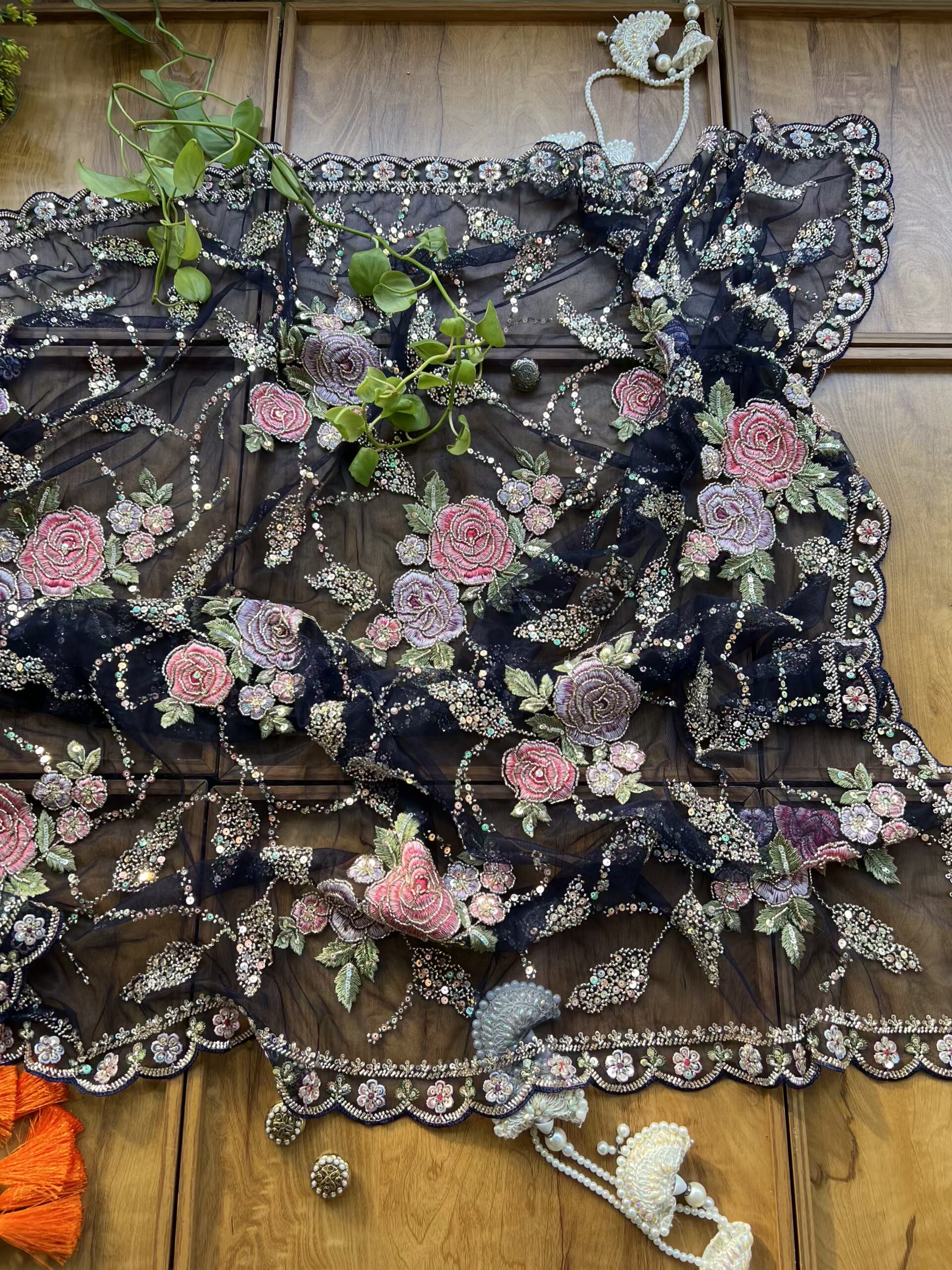 Navy Blue Net Floral Rose Heavy Jaal Handwork Saree - Image 6