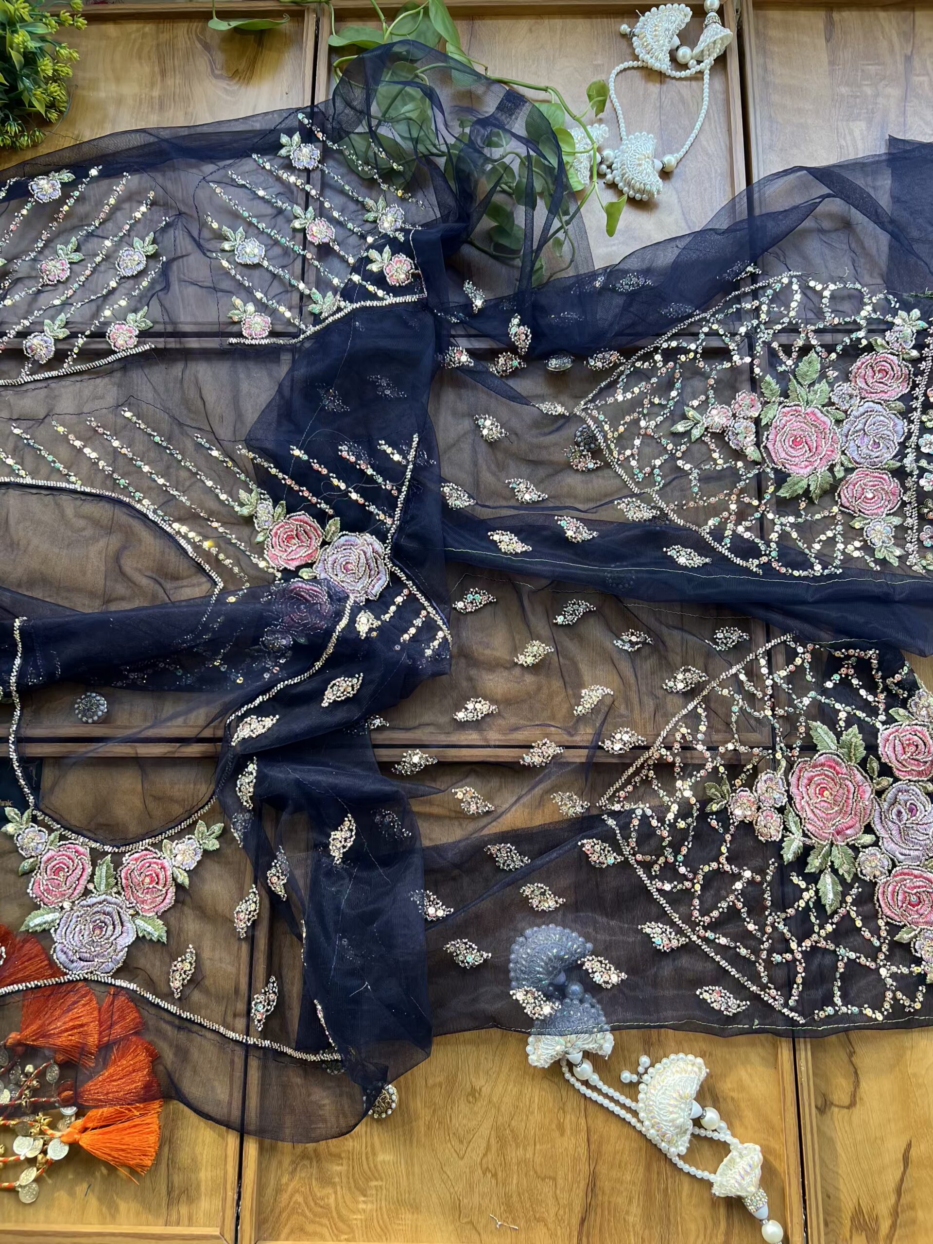 Navy Blue Net Floral Rose Heavy Jaal Handwork Saree - Image 7