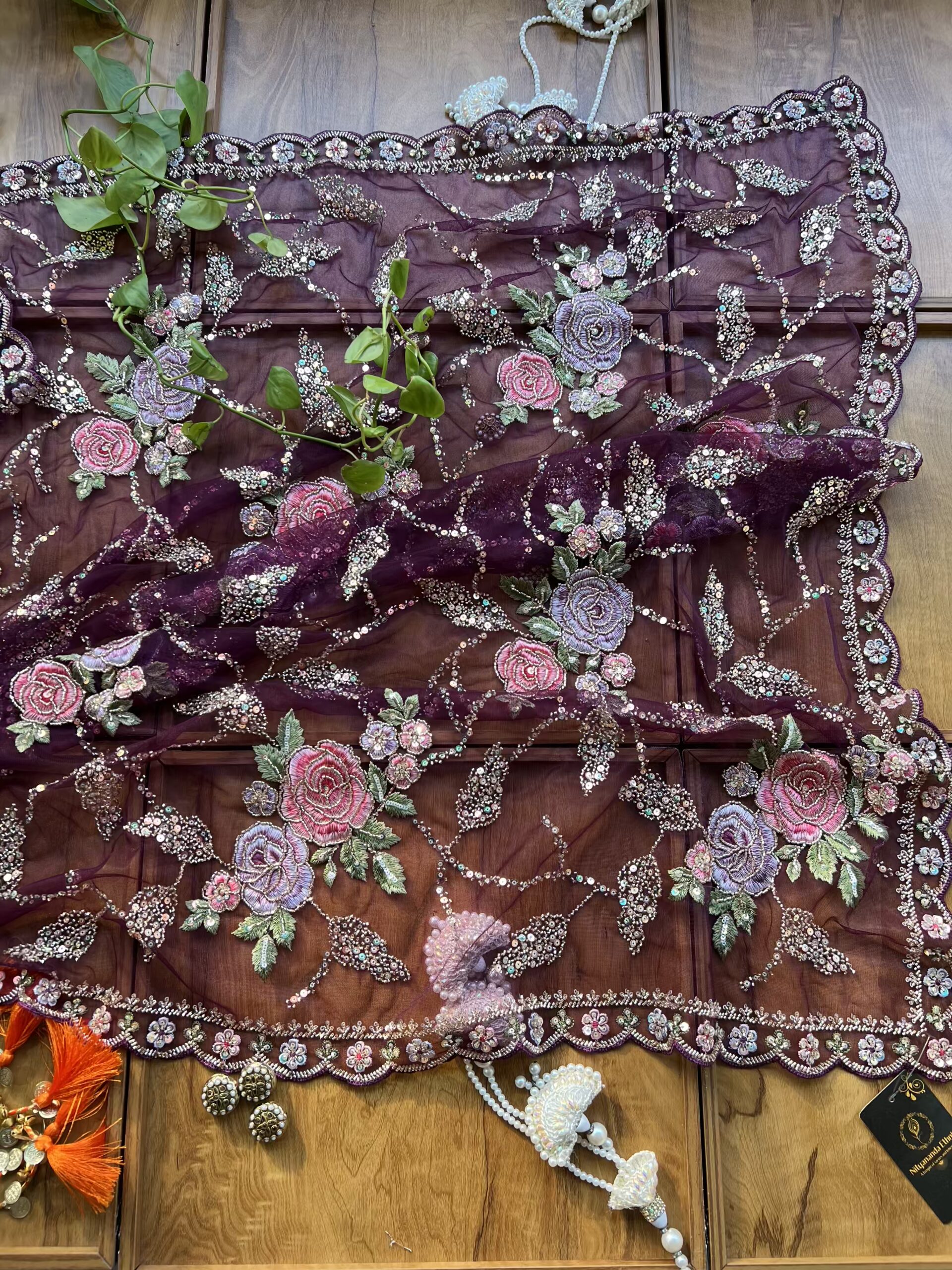 Burgundy Net Floral Rose Heavy Jaal Handwork Saree - Image 5