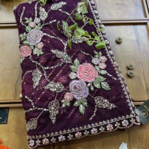 Burgundy Net Floral Rose Heavy Jaal Handwork Saree