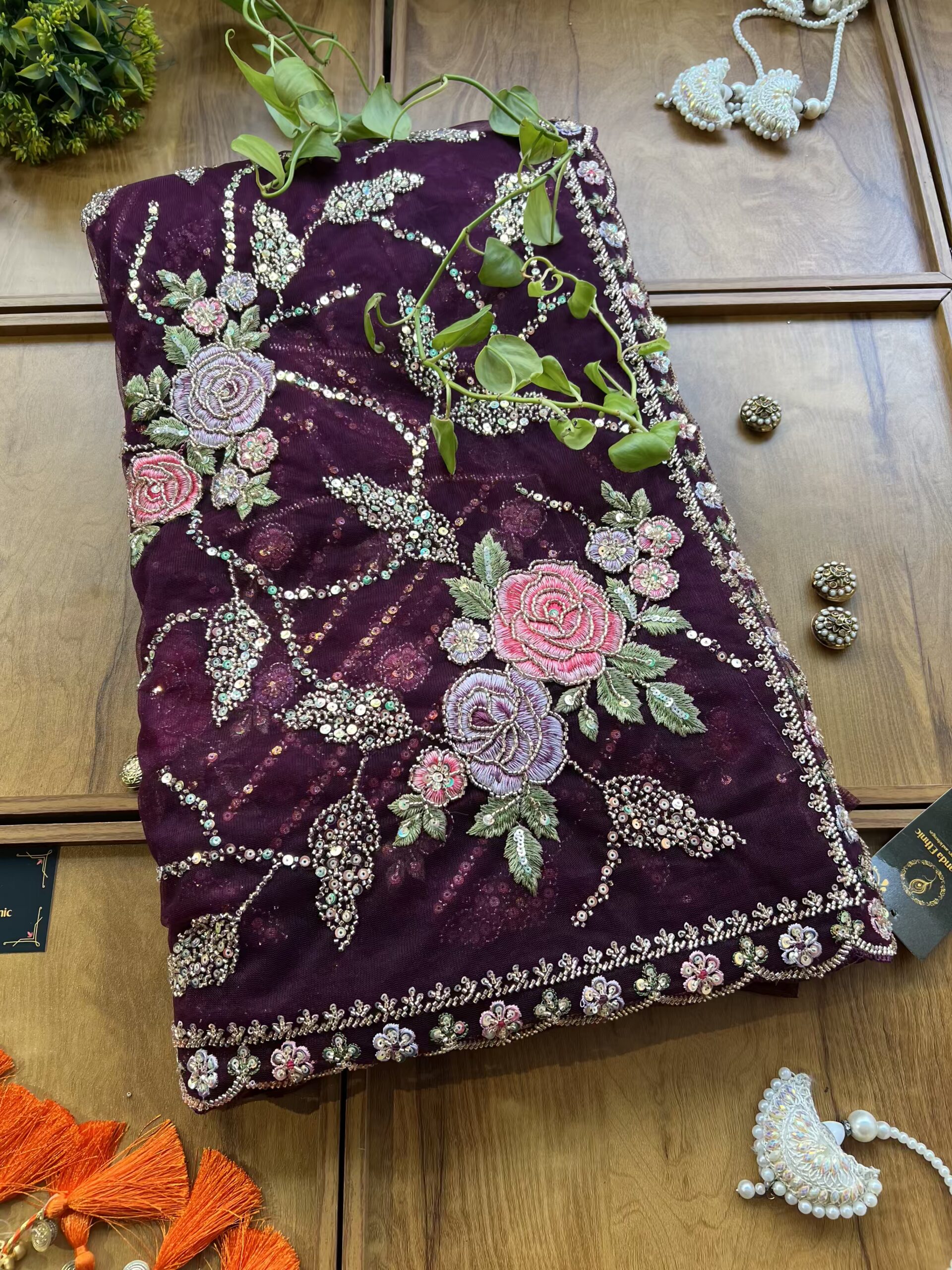 Burgundy Net Floral Rose Heavy Jaal Handwork Saree