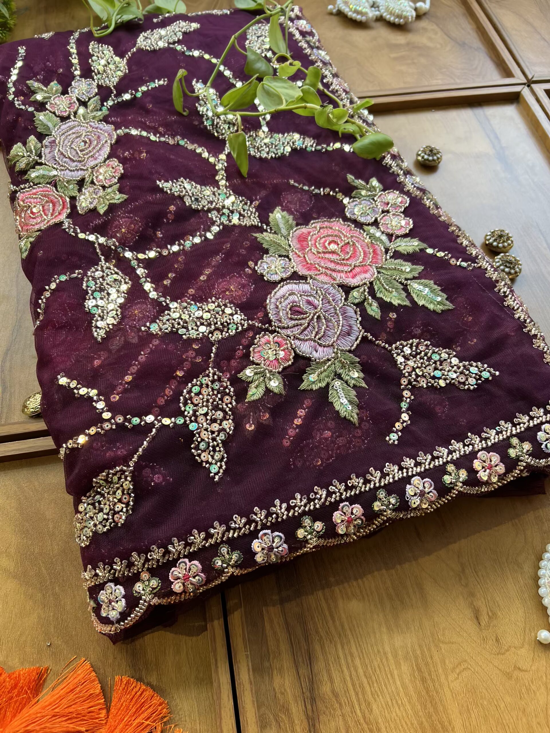 Burgundy Net Floral Rose Heavy Jaal Handwork Saree - Image 2