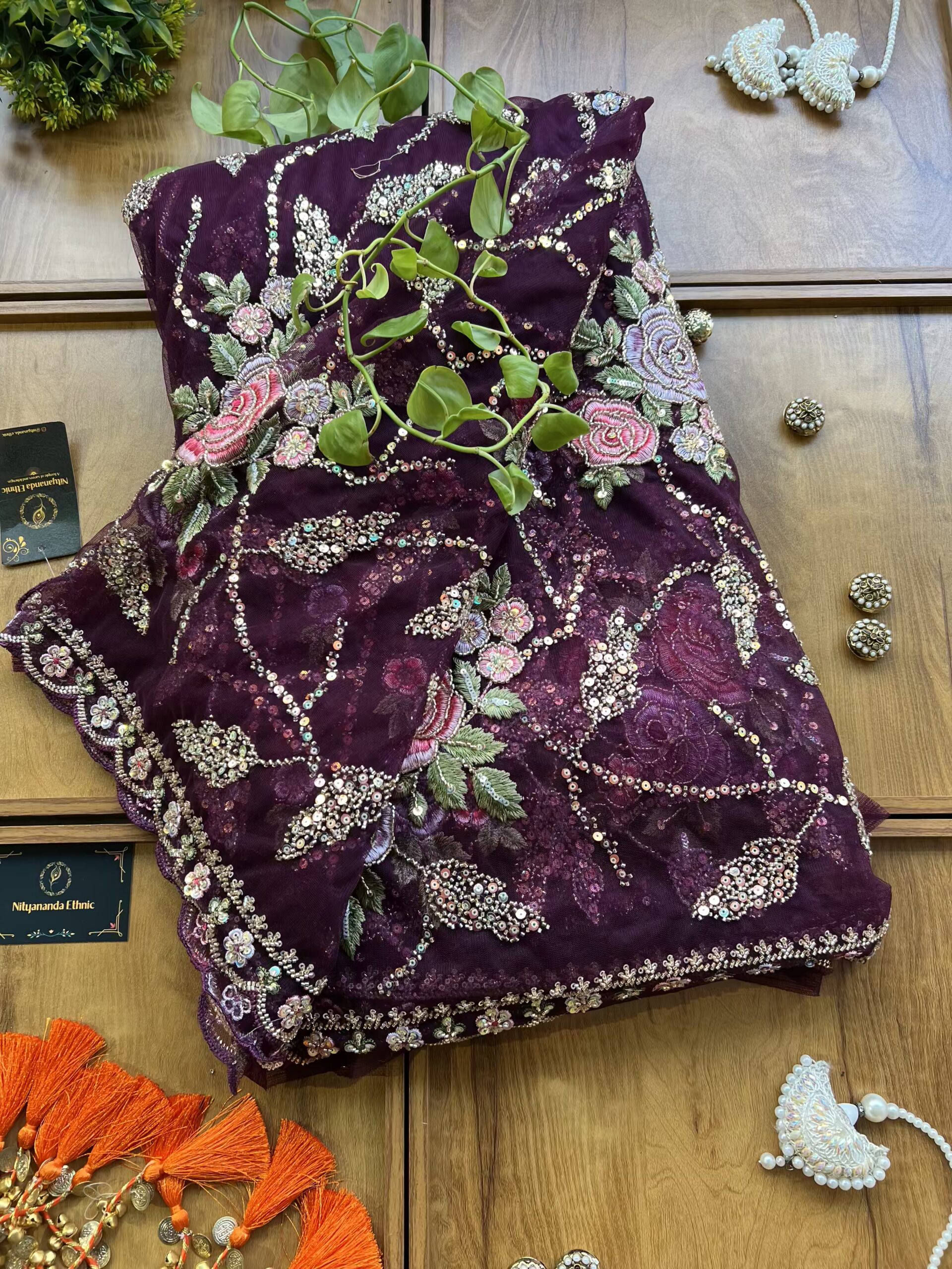 Burgundy Net Floral Rose Heavy Jaal Handwork Saree - Image 3