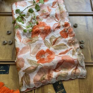 Ivory Orange Fendi Silk Leaf Floral Printed Crystal Border Saree