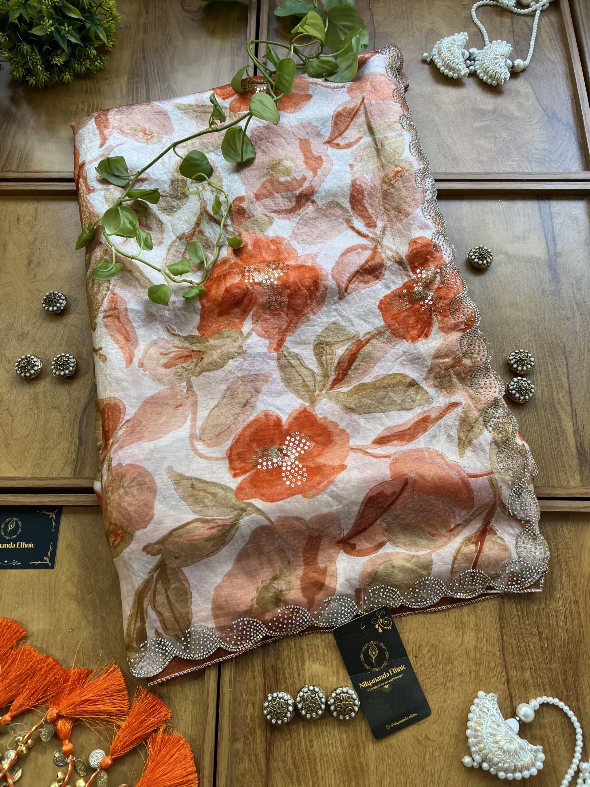 Ivory Orange Fendi Silk Leaf Floral Printed Crystal Border Saree