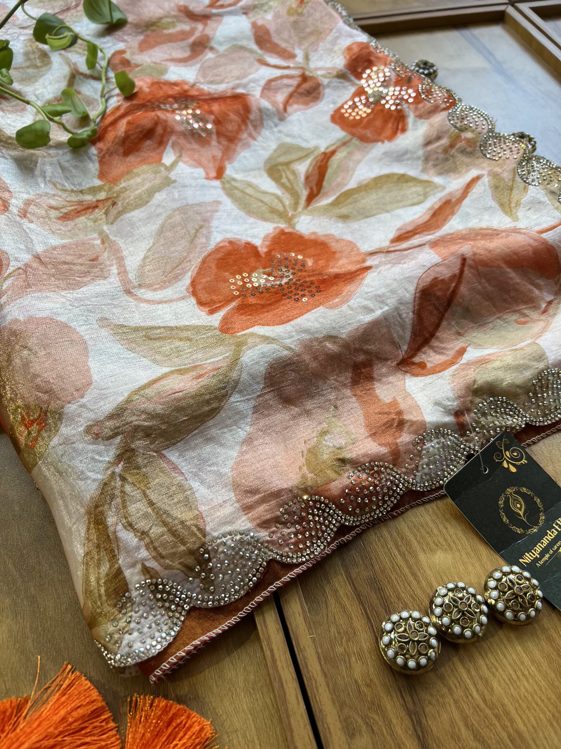 Ivory Orange Fendi Silk Leaf Floral Printed Crystal Border Saree - Image 2
