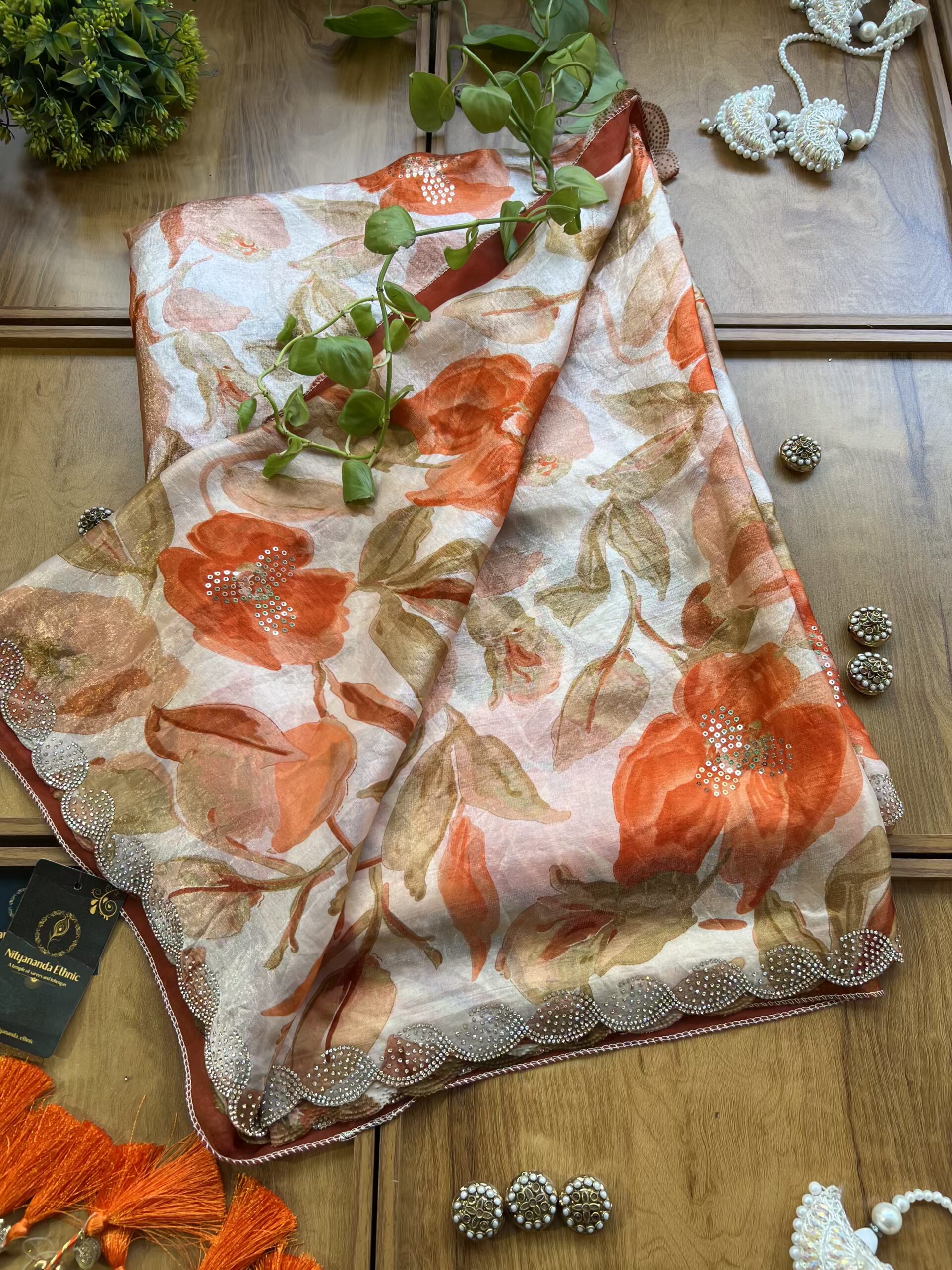 Ivory Orange Fendi Silk Leaf Floral Printed Crystal Border Saree - Image 3