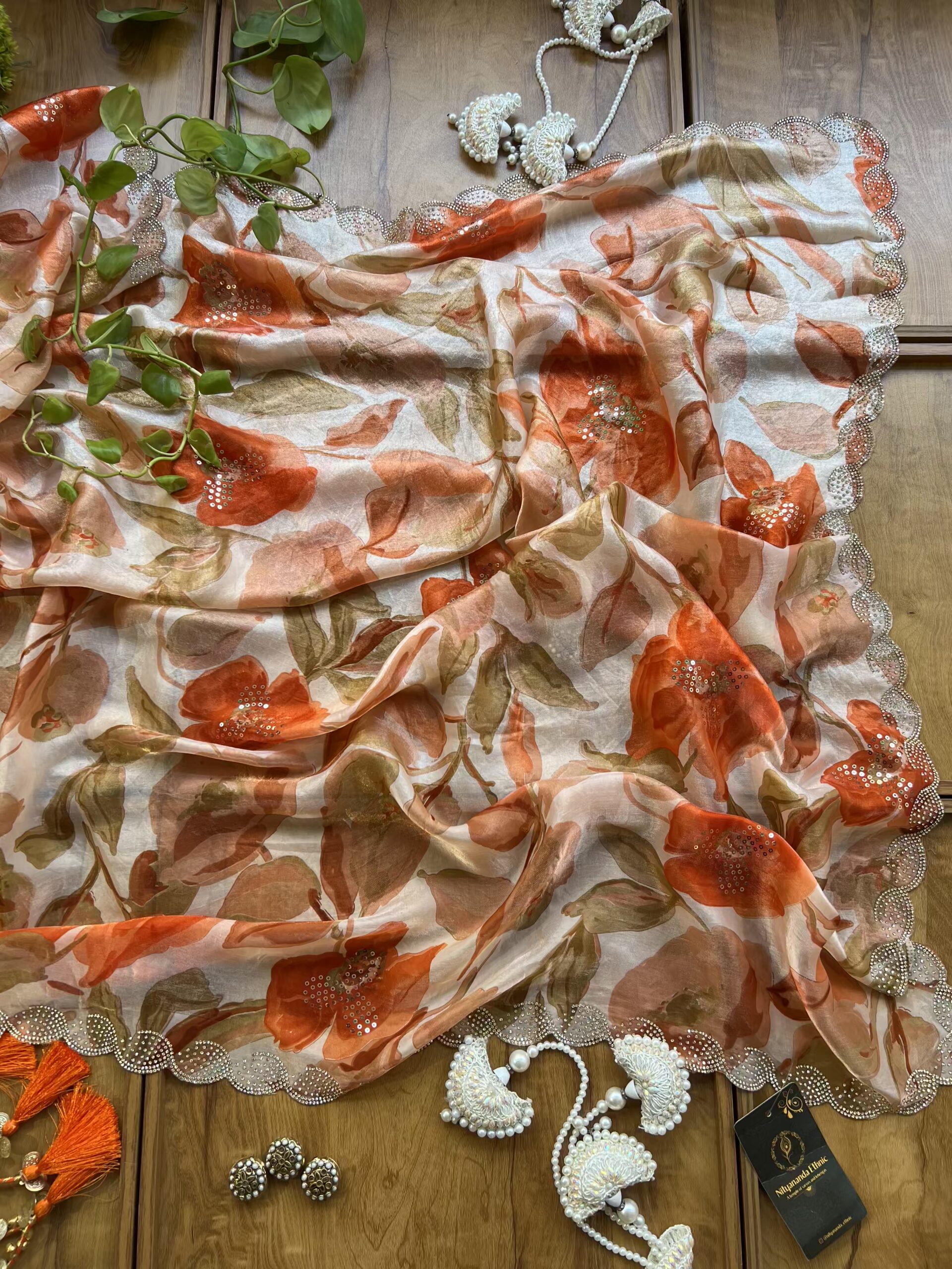 Ivory Orange Fendi Silk Leaf Floral Printed Crystal Border Saree - Image 4