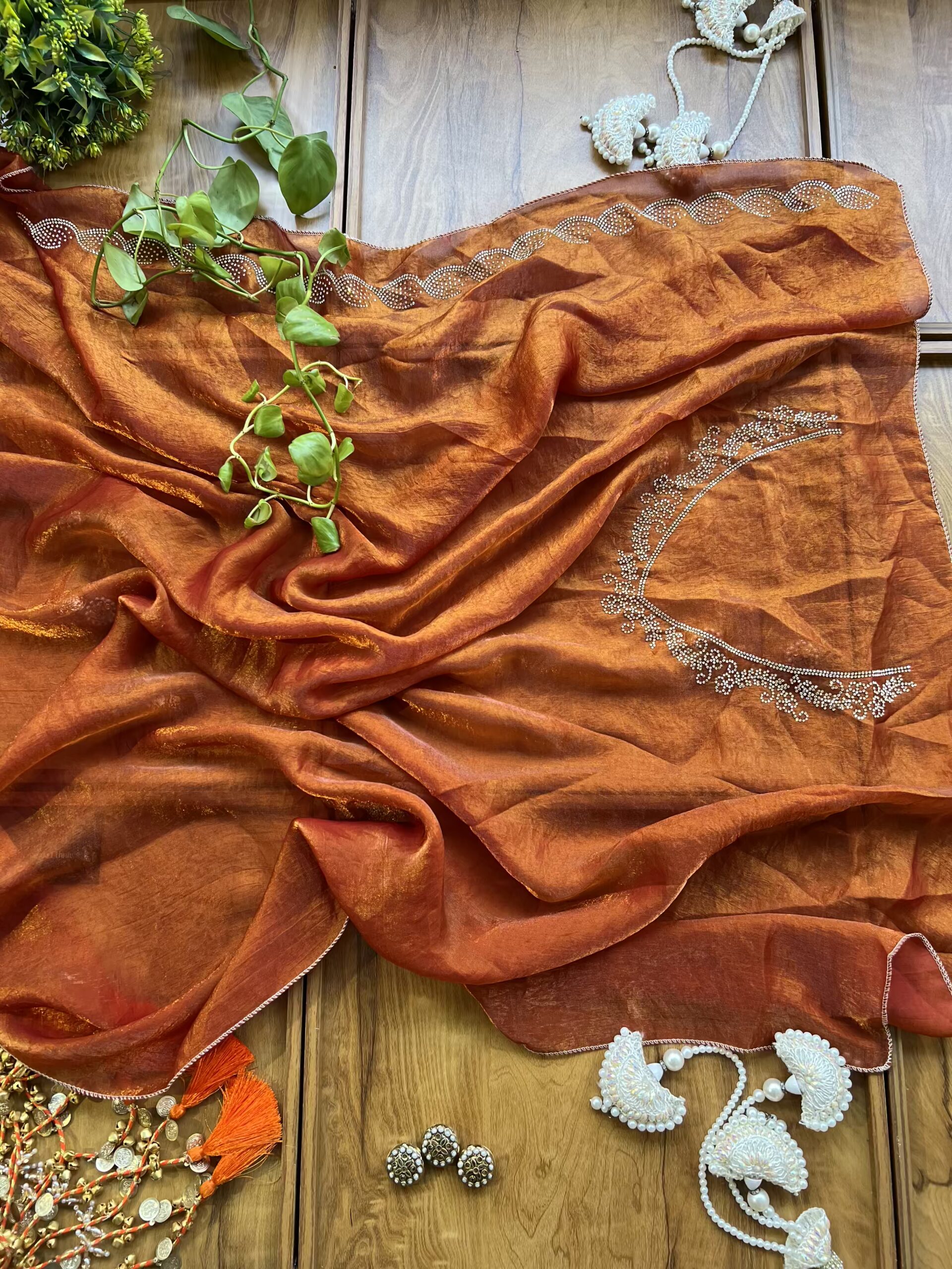 Ivory Orange Fendi Silk Leaf Floral Printed Crystal Border Saree - Image 5