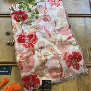 Ivory Hot Pink Fendi Silk Leaf Floral Printed Crystal Border Saree