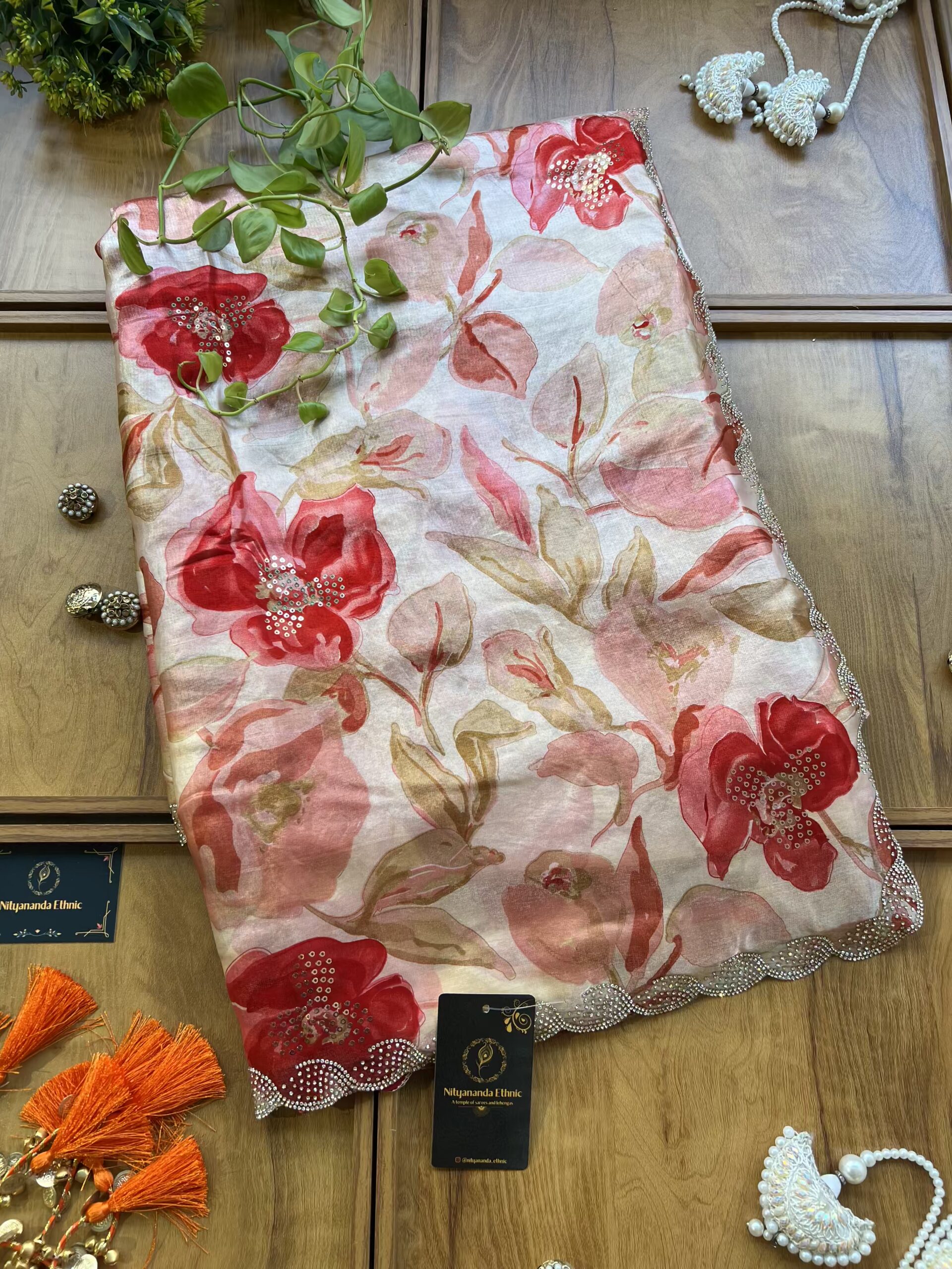 Ivory Hot Pink Fendi Silk Leaf Floral Printed Crystal Border Saree