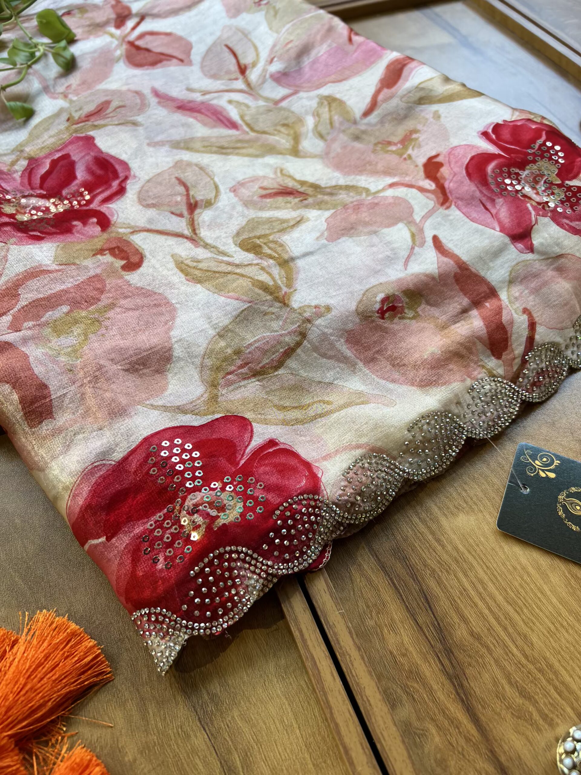Ivory Hot Pink Fendi Silk Leaf Floral Printed Crystal Border Saree - Image 2