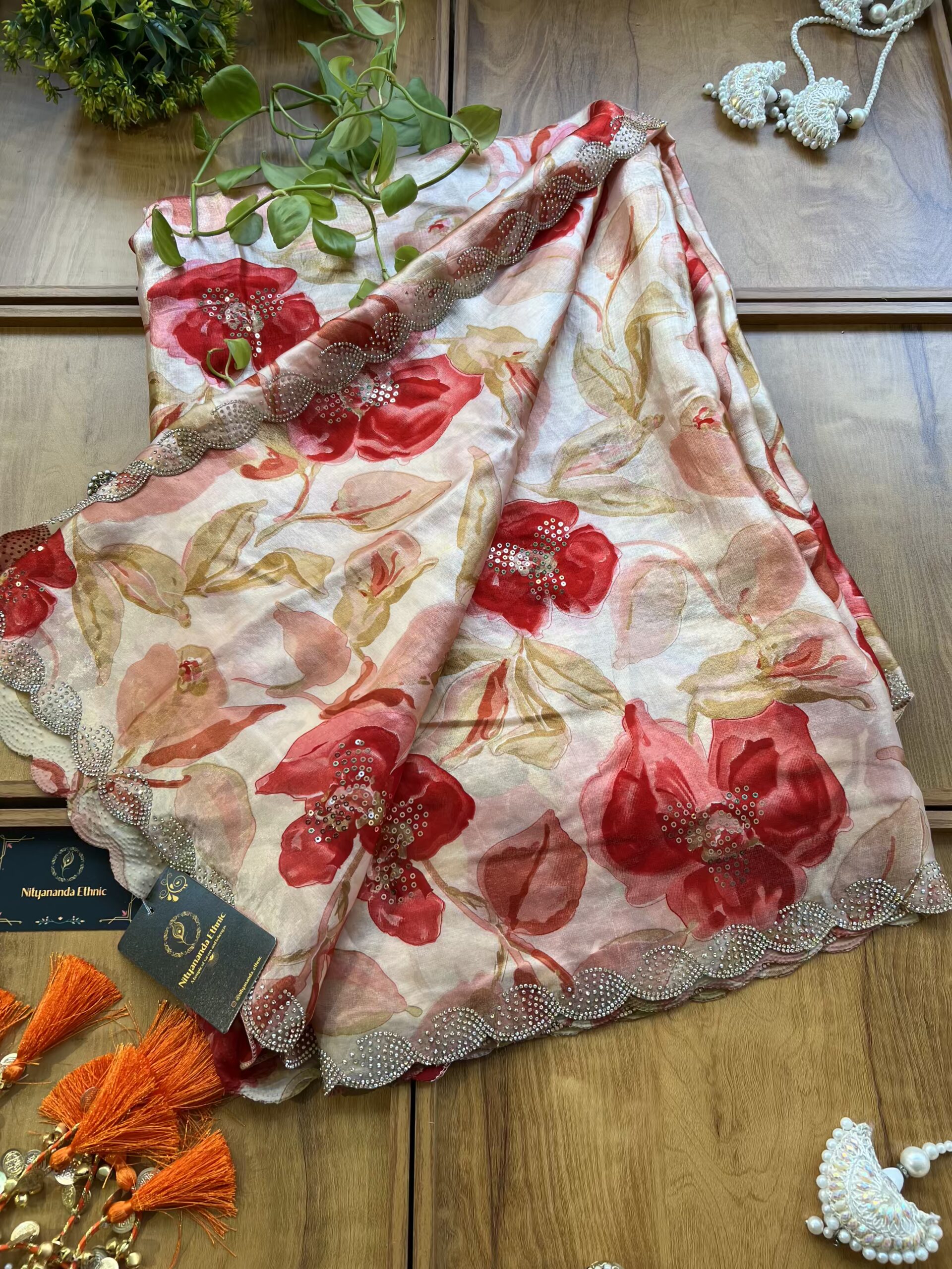 Ivory Hot Pink Fendi Silk Leaf Floral Printed Crystal Border Saree - Image 3