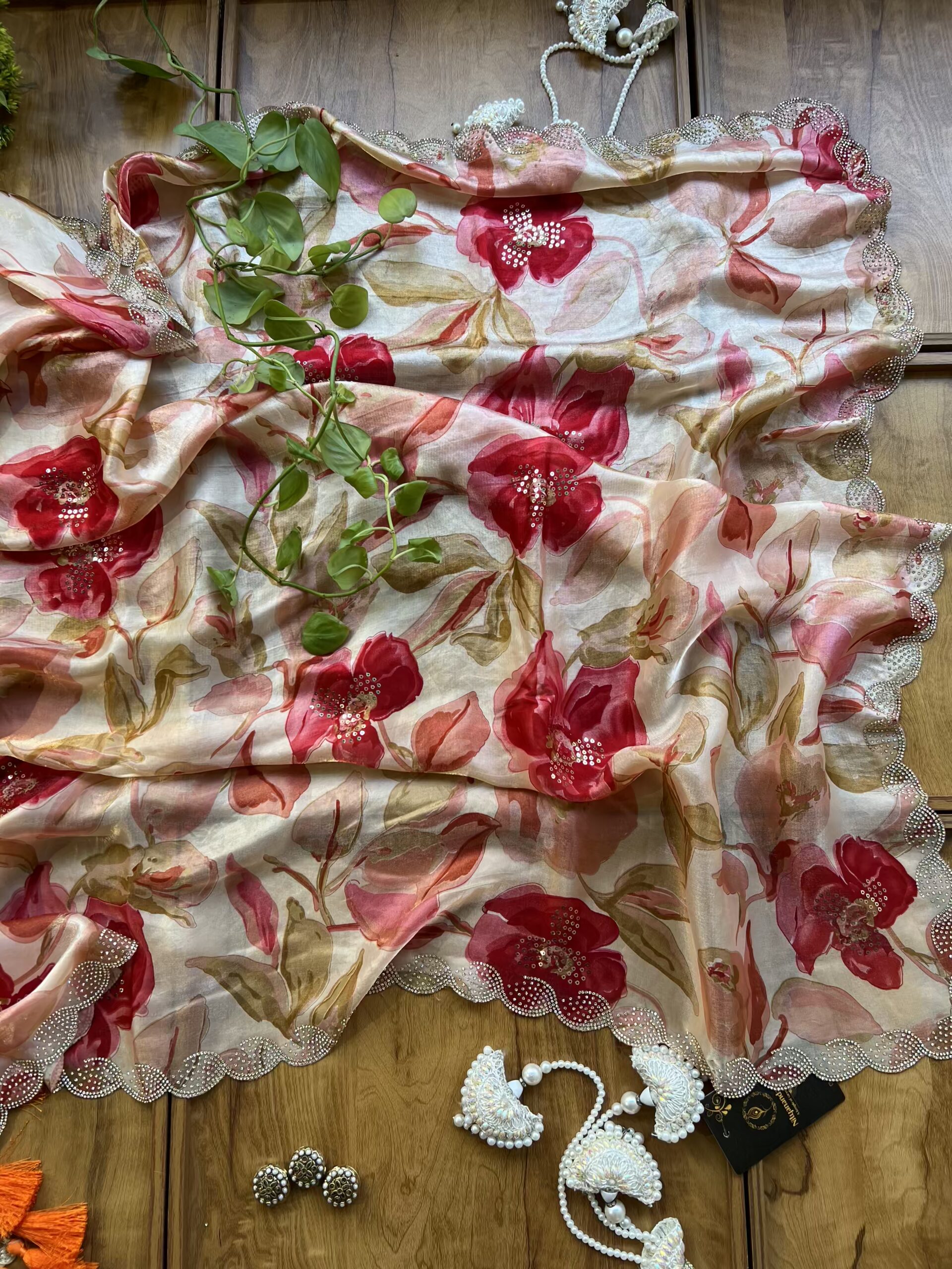 Ivory Hot Pink Fendi Silk Leaf Floral Printed Crystal Border Saree - Image 4