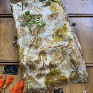 Ivory Pista Fendi Silk Leaf Floral Printed Crystal Border Saree