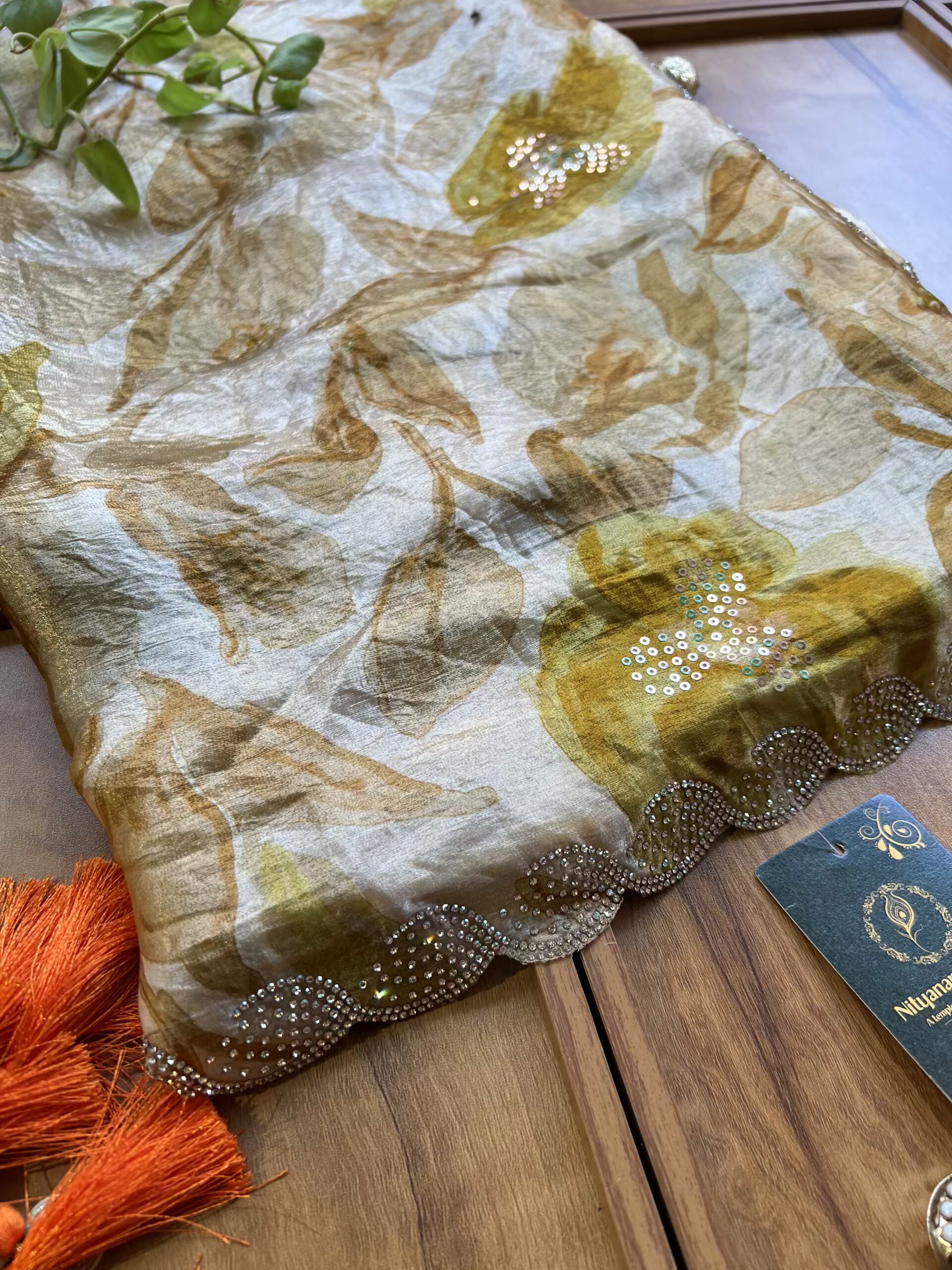 Ivory Pista Fendi Silk Leaf Floral Printed Crystal Border Saree - Image 2