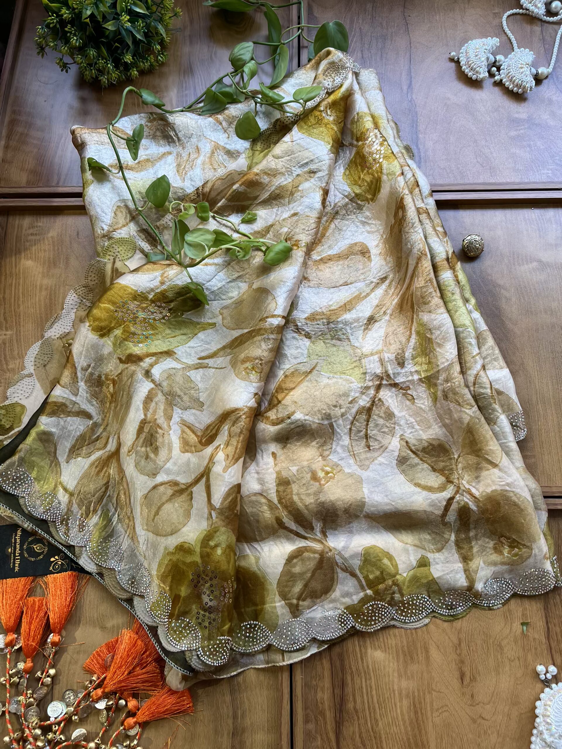 Ivory Pista Fendi Silk Leaf Floral Printed Crystal Border Saree - Image 3