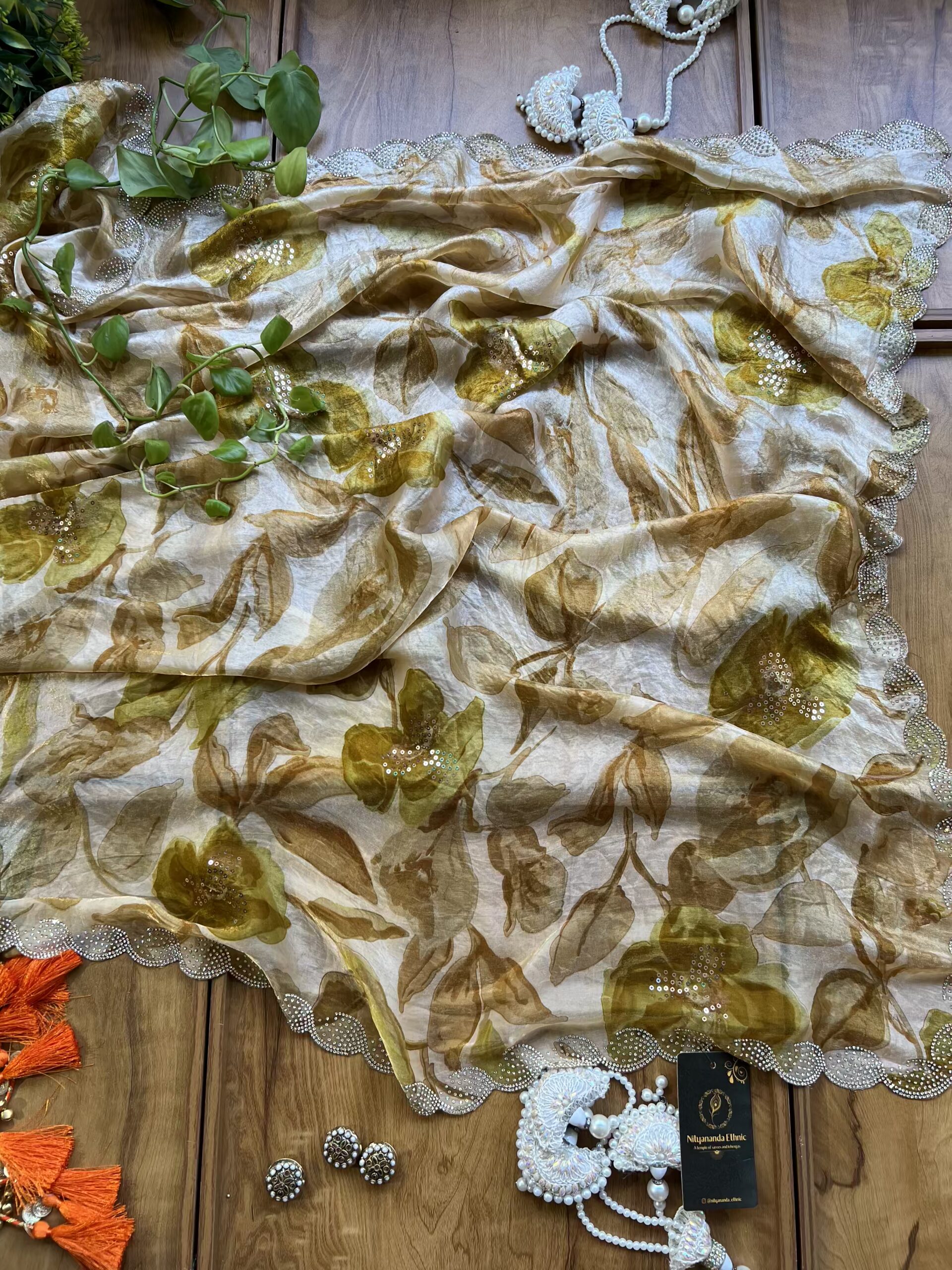 Ivory Pista Fendi Silk Leaf Floral Printed Crystal Border Saree - Image 4