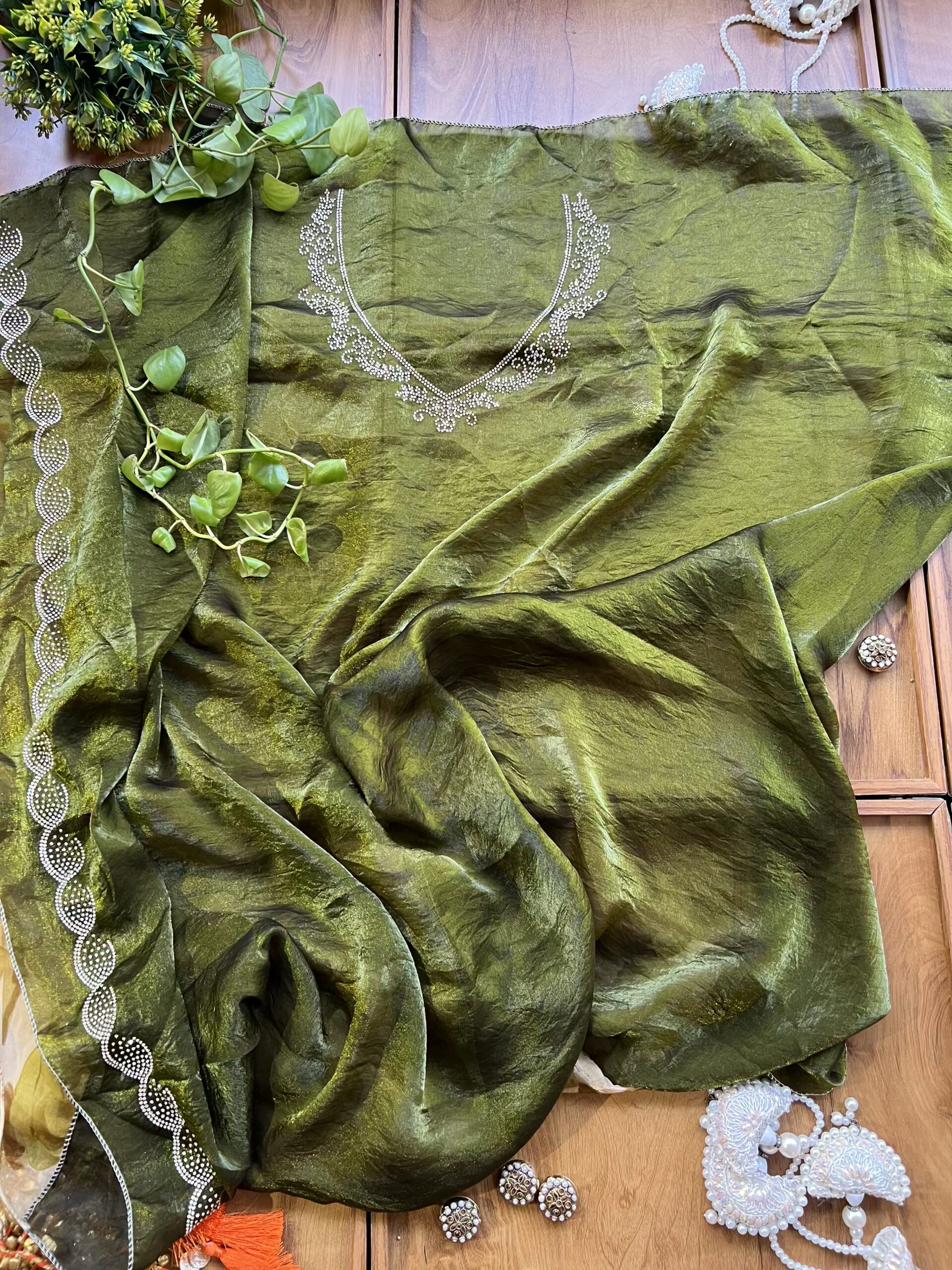 Ivory Pista Fendi Silk Leaf Floral Printed Crystal Border Saree - Image 5
