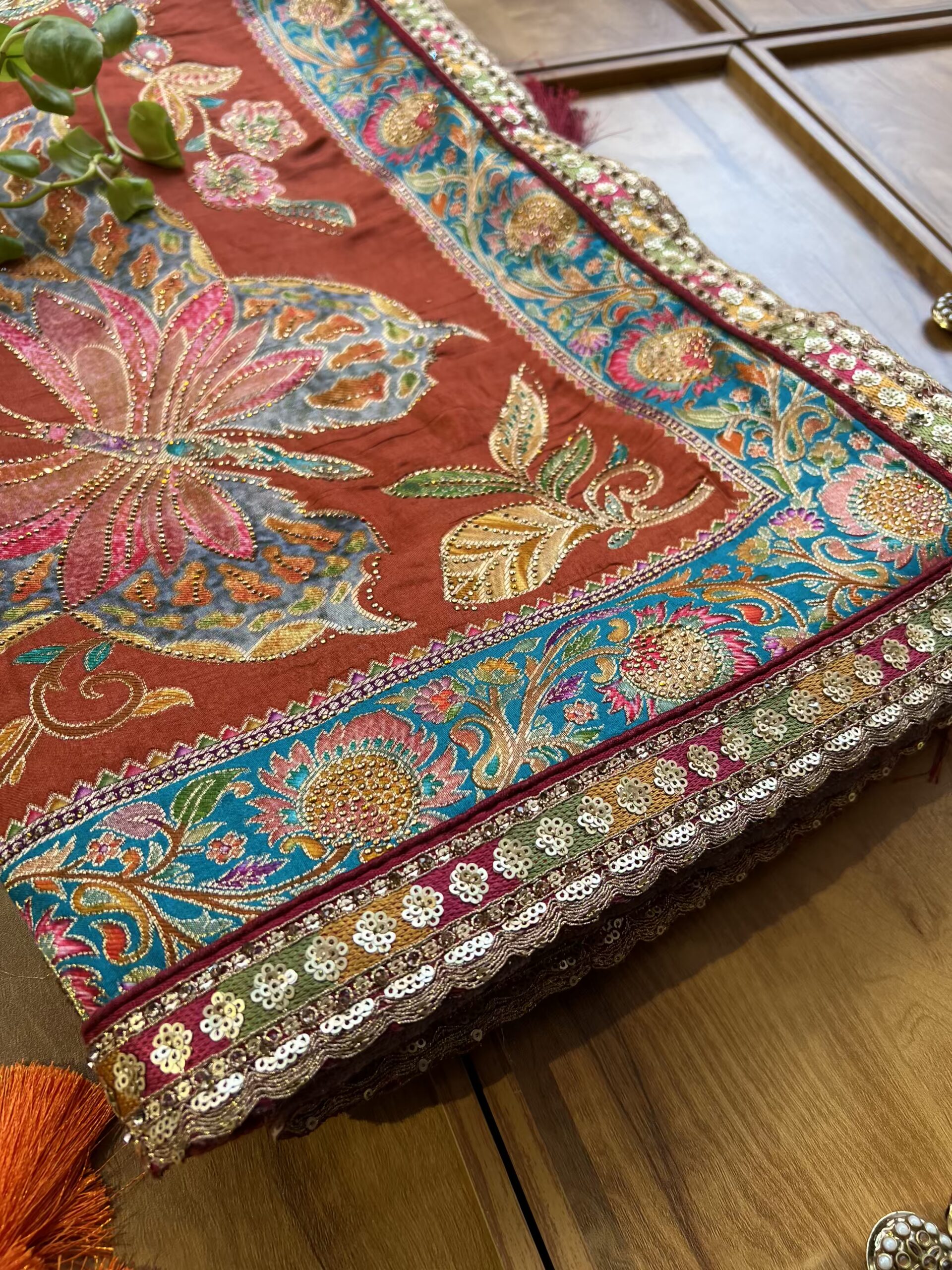 Rust Orange Maheshwari Silk Khaddi Rangkaat Saree with Stitched Blouse - Image 3