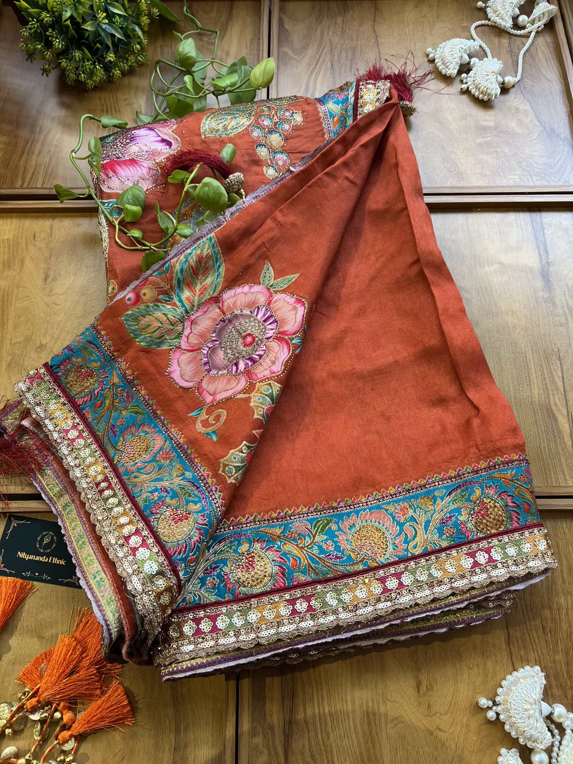Rust Orange Maheshwari Silk Khaddi Rangkaat Saree with Stitched Blouse - Image 4