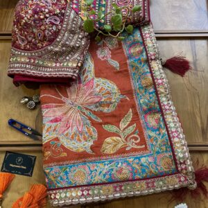 Rust Orange Maheshwari Silk Khaddi Rangkaat Saree with Stitched Blouse