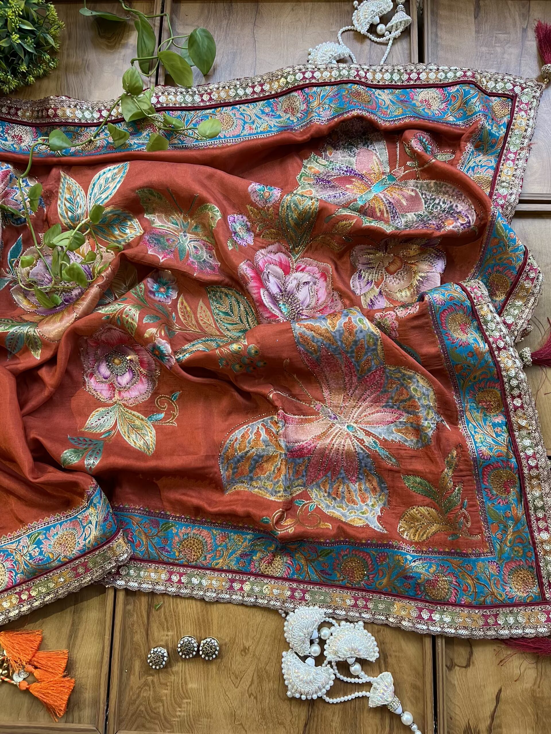 Rust Orange Maheshwari Silk Khaddi Rangkaat Saree with Stitched Blouse - Image 5