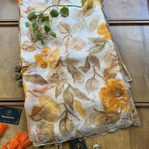 Ivory Mango Silk Leaf Floral Printed Crystal Border Saree