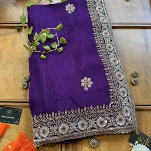 Purple Crepe Heavy Border Cutwork Handwork Bollywood Style Saree