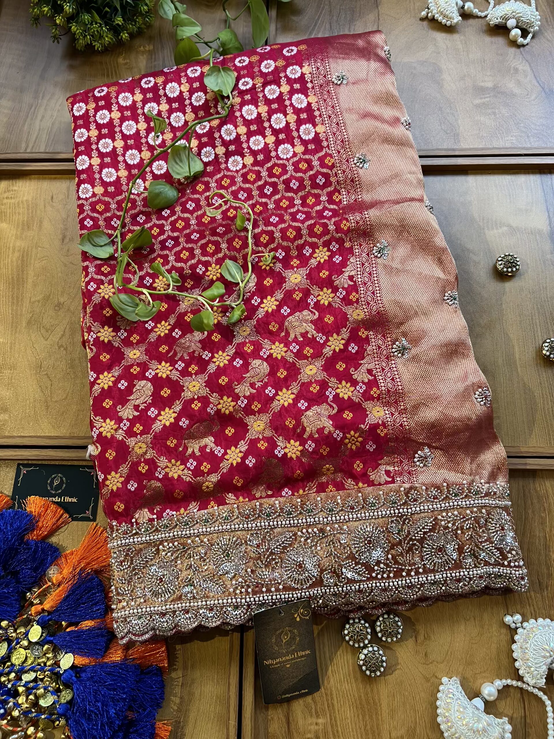 Hot Pink HO Silk Khaddi Bandhani Design Heavy Handwork Bridal Saree