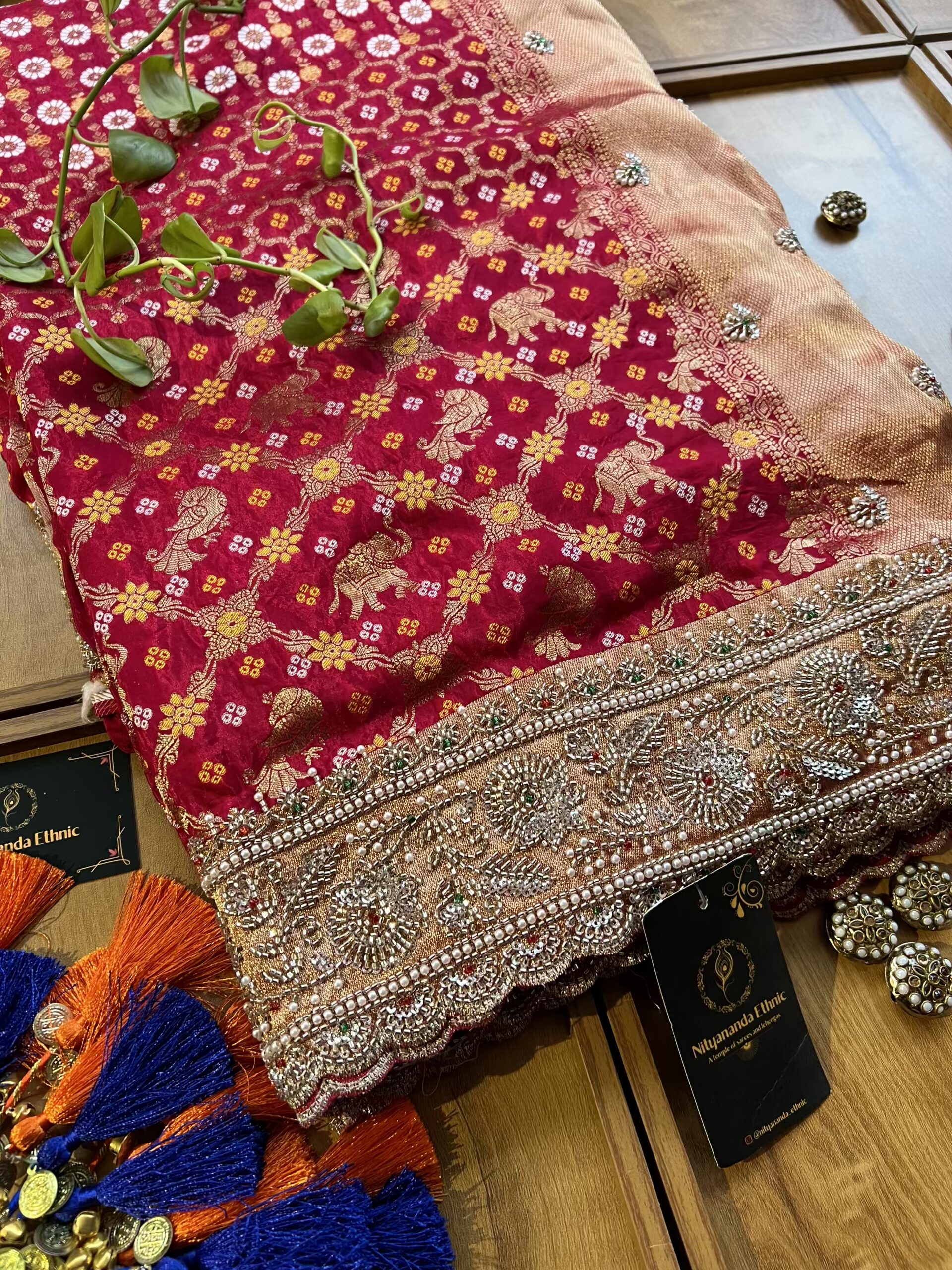 Hot Pink HO Silk Khaddi Bandhani Design Heavy Handwork Bridal Saree - Image 2