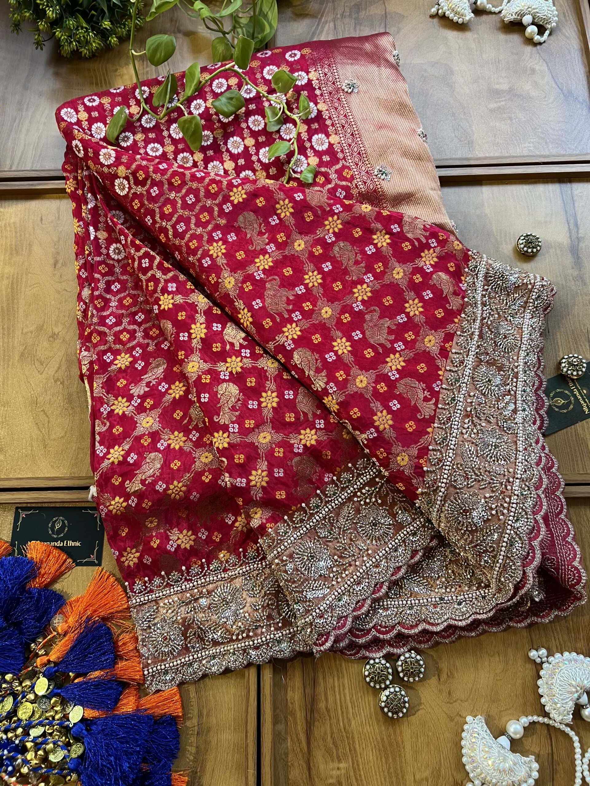 Hot Pink HO Silk Khaddi Bandhani Design Heavy Handwork Bridal Saree - Image 3