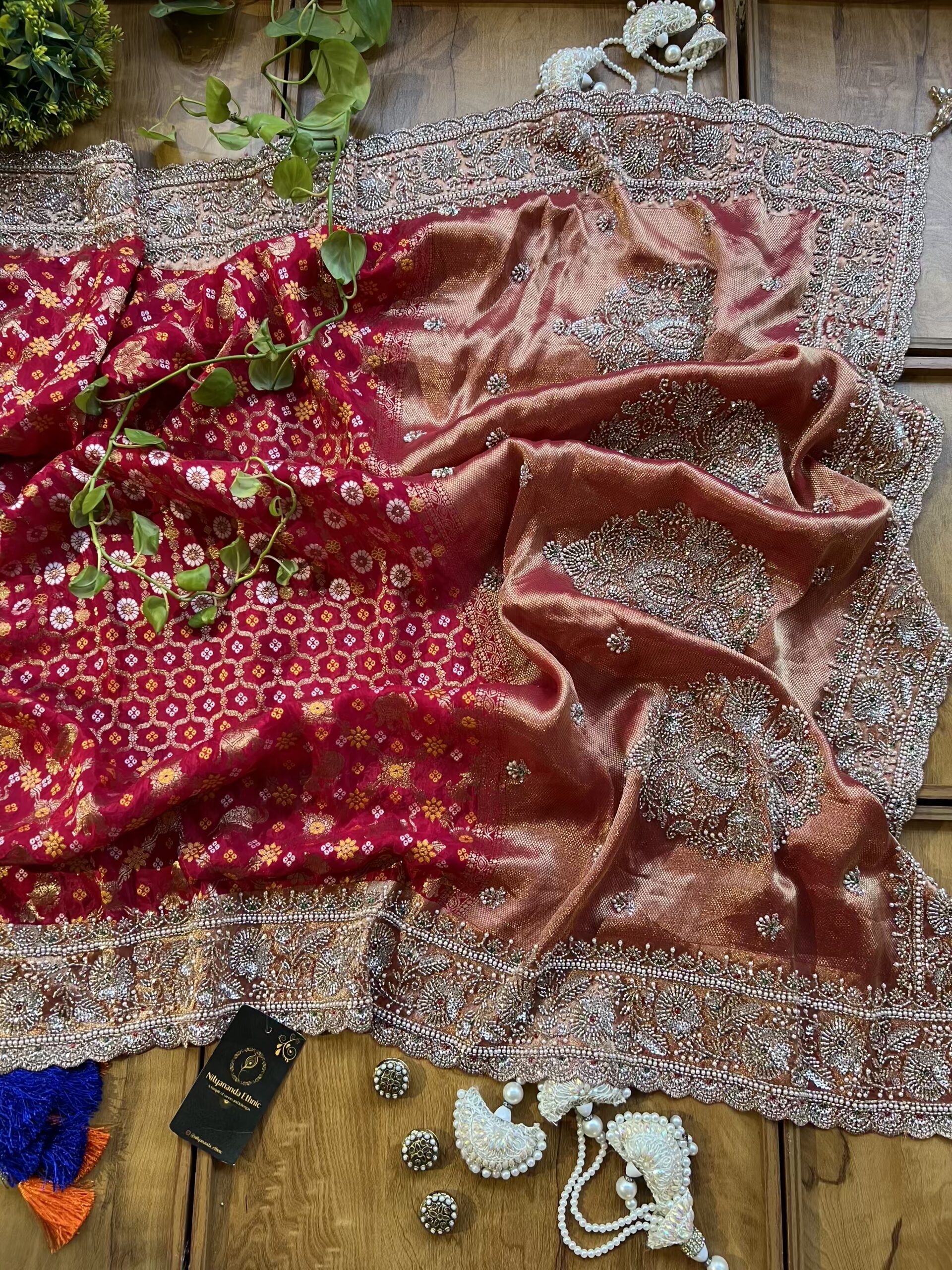 Hot Pink HO Silk Khaddi Bandhani Design Heavy Handwork Bridal Saree - Image 6