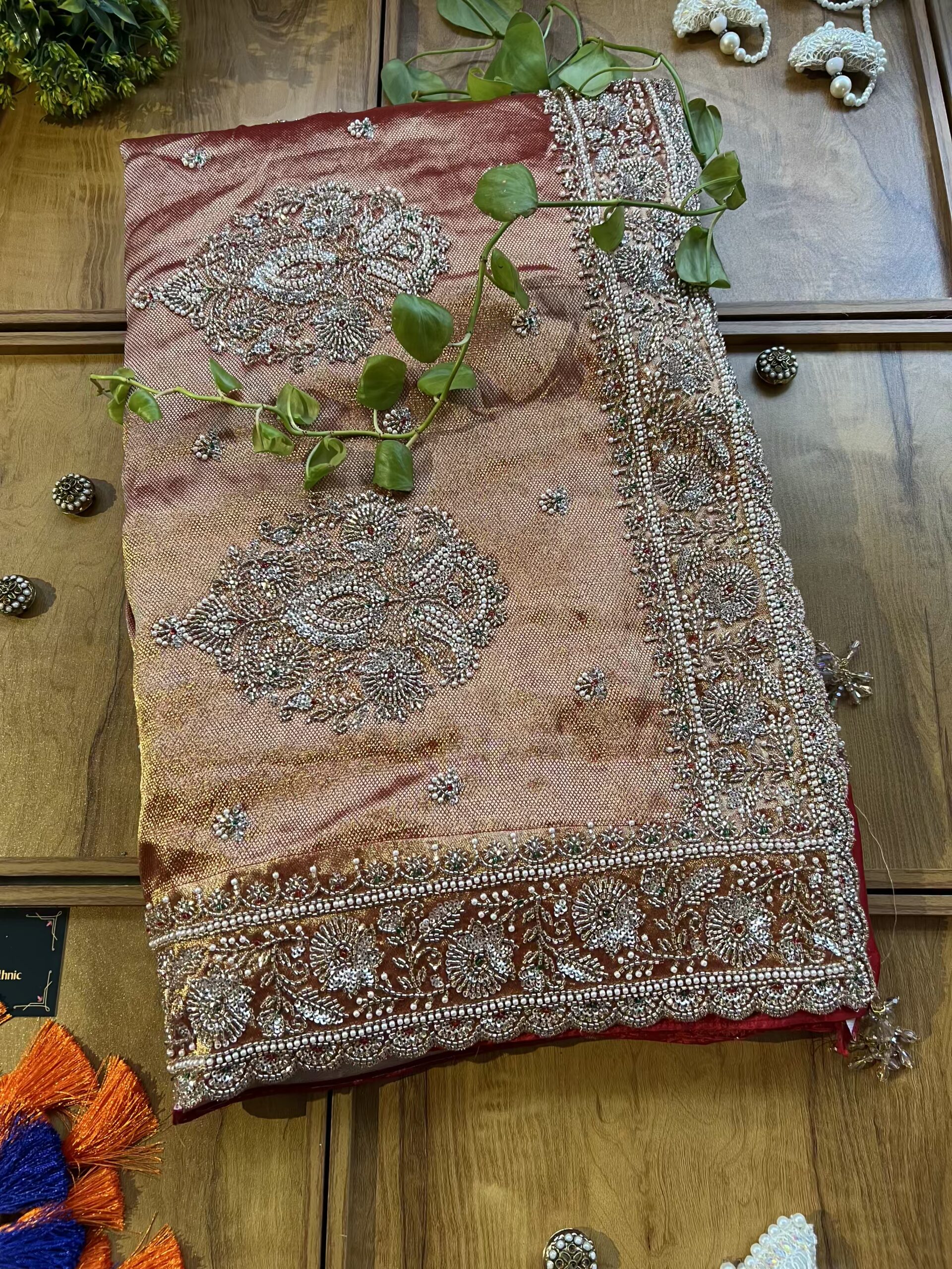 Red HO Silk Khaddi Bandhani Design Heavy Handwork Bridal Saree - Image 3