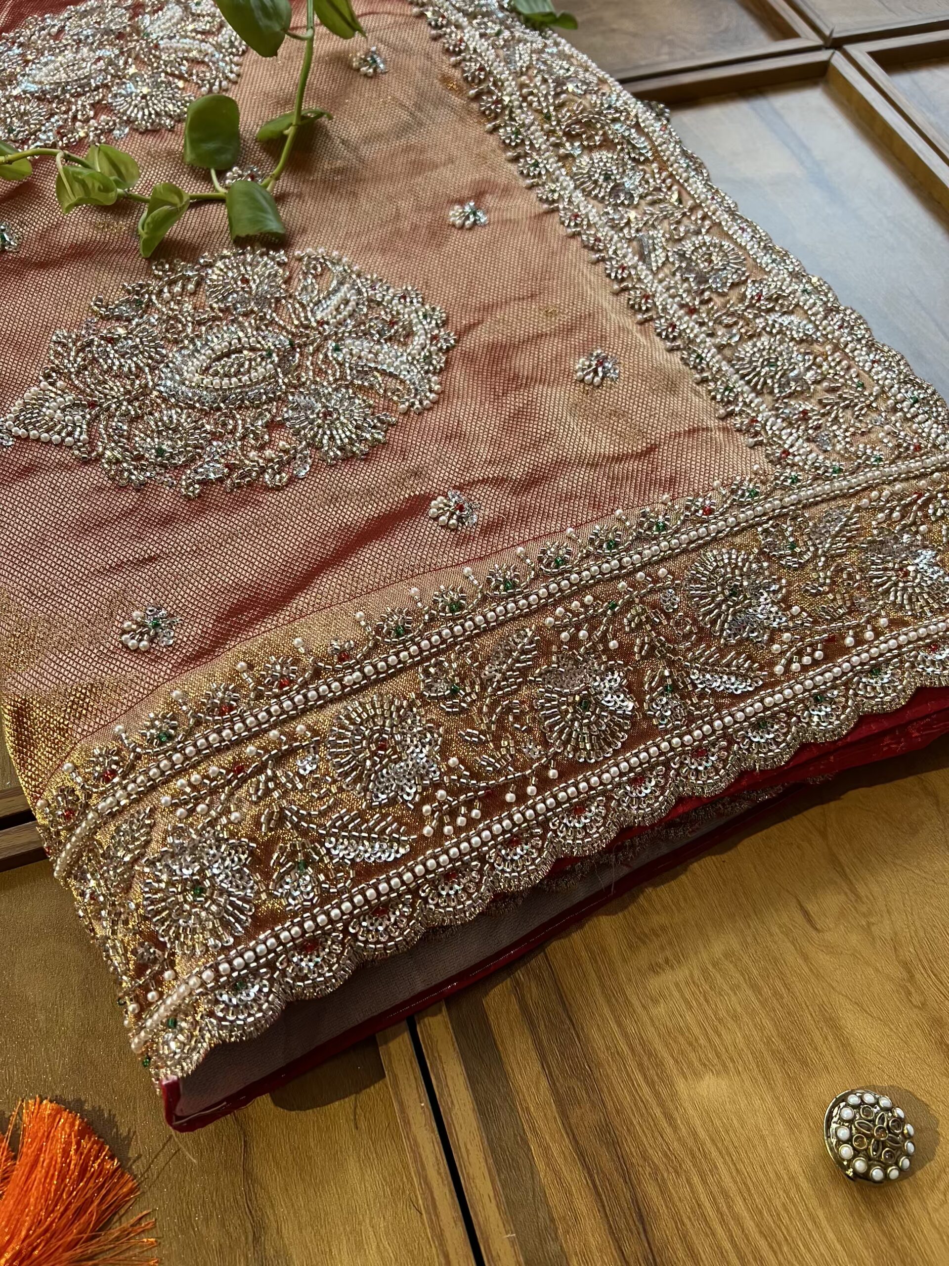 Red HO Silk Khaddi Bandhani Design Heavy Handwork Bridal Saree - Image 4