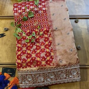 Red HO Silk Khaddi Bandhani Design Heavy Handwork Bridal Saree