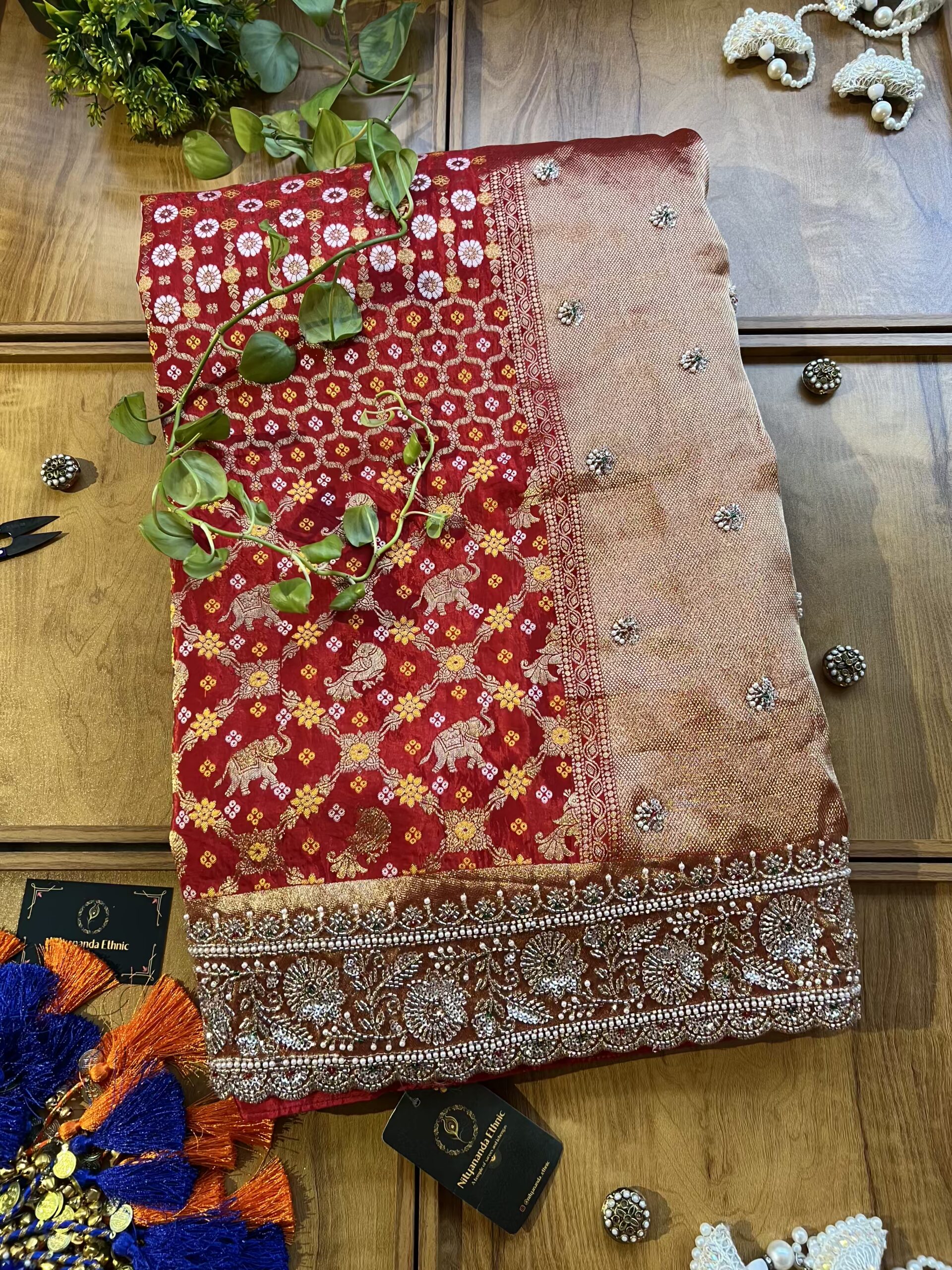 Red HO Silk Khaddi Bandhani Design Heavy Handwork Bridal Saree