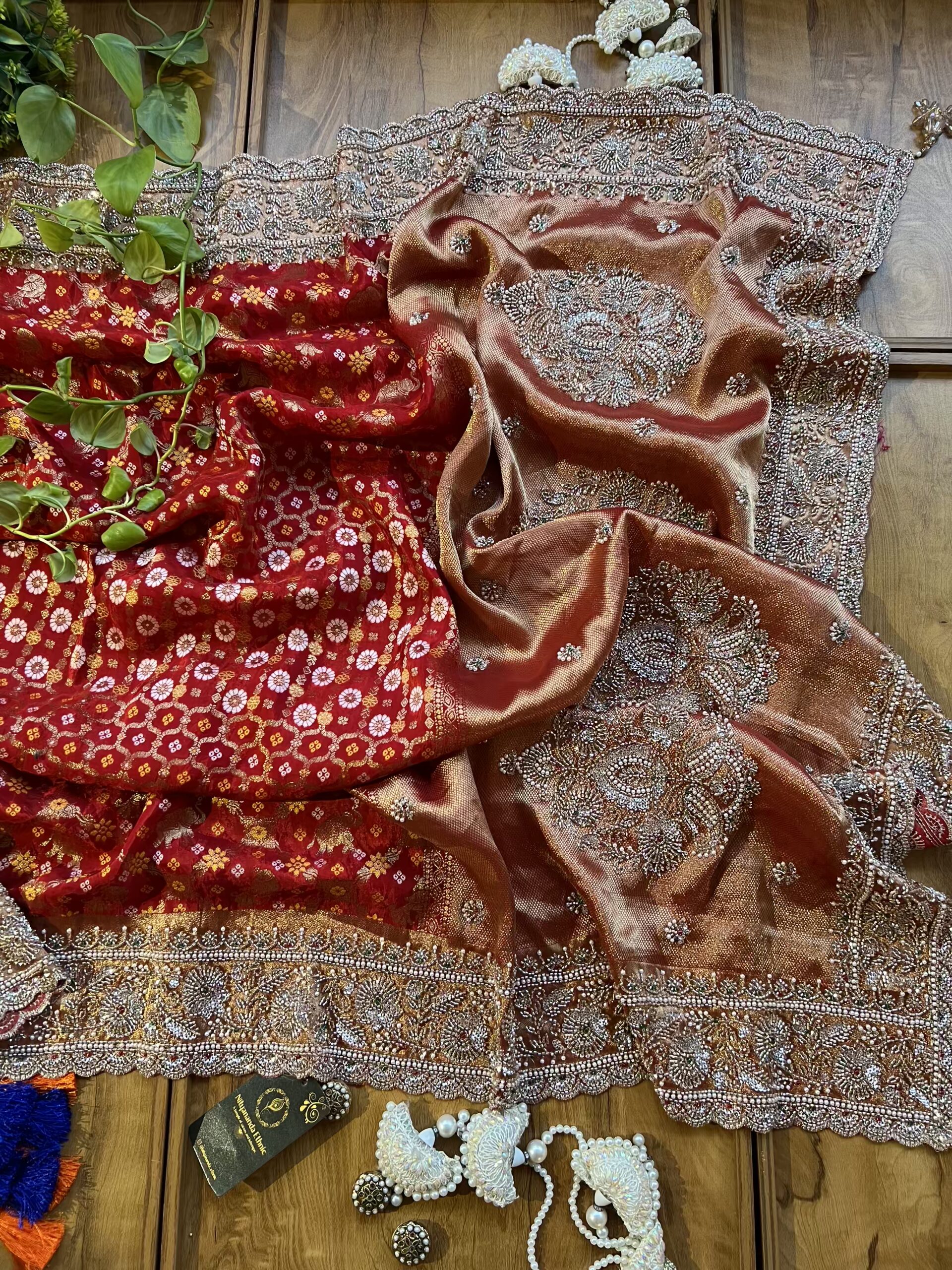 Red HO Silk Khaddi Bandhani Design Heavy Handwork Bridal Saree - Image 5