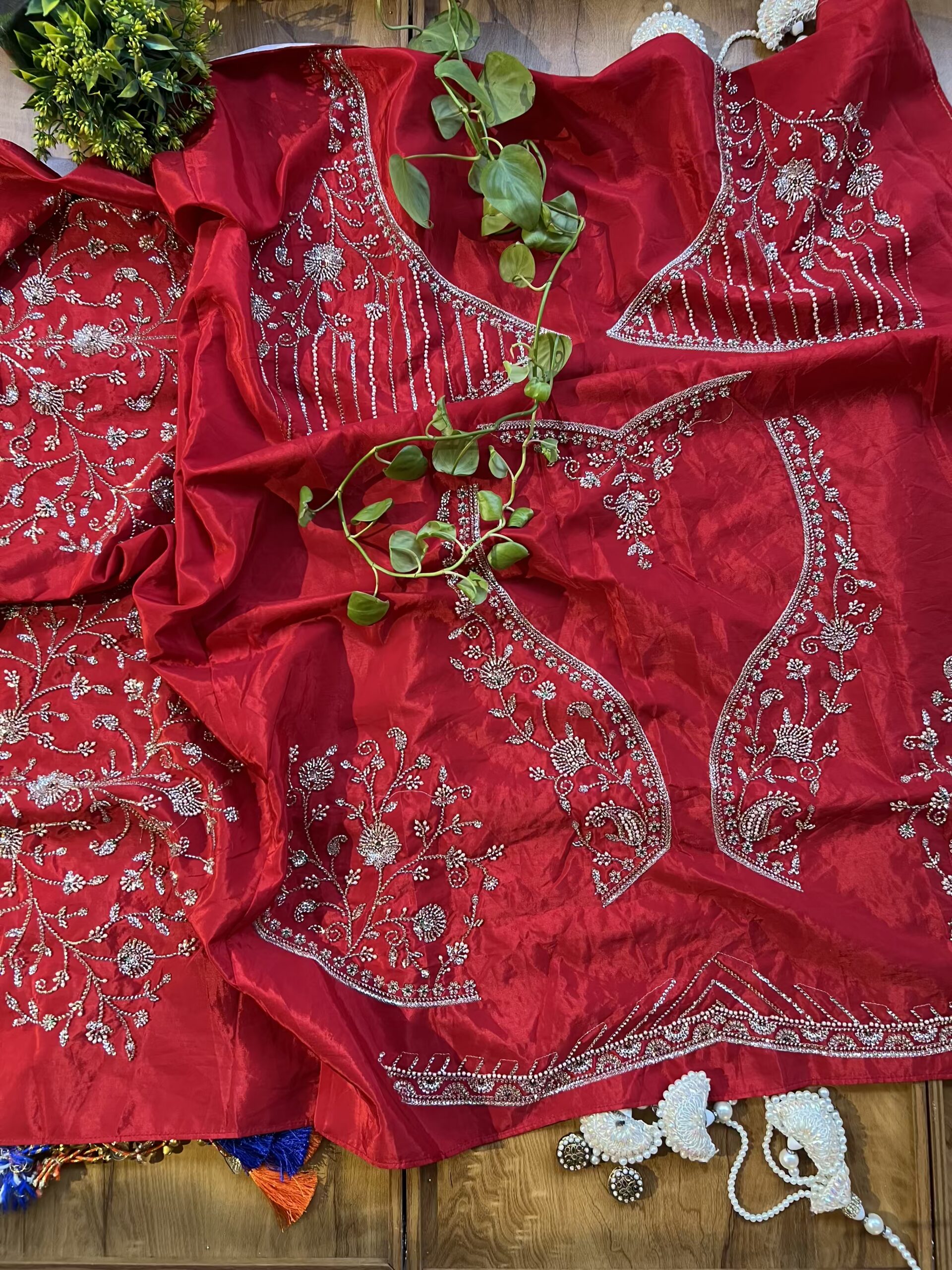 Red HO Silk Khaddi Bandhani Design Heavy Handwork Bridal Saree - Image 6