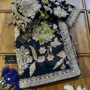 Navy Blue Organza Floral Printed Heavy Bel Jaal Handwork Saree