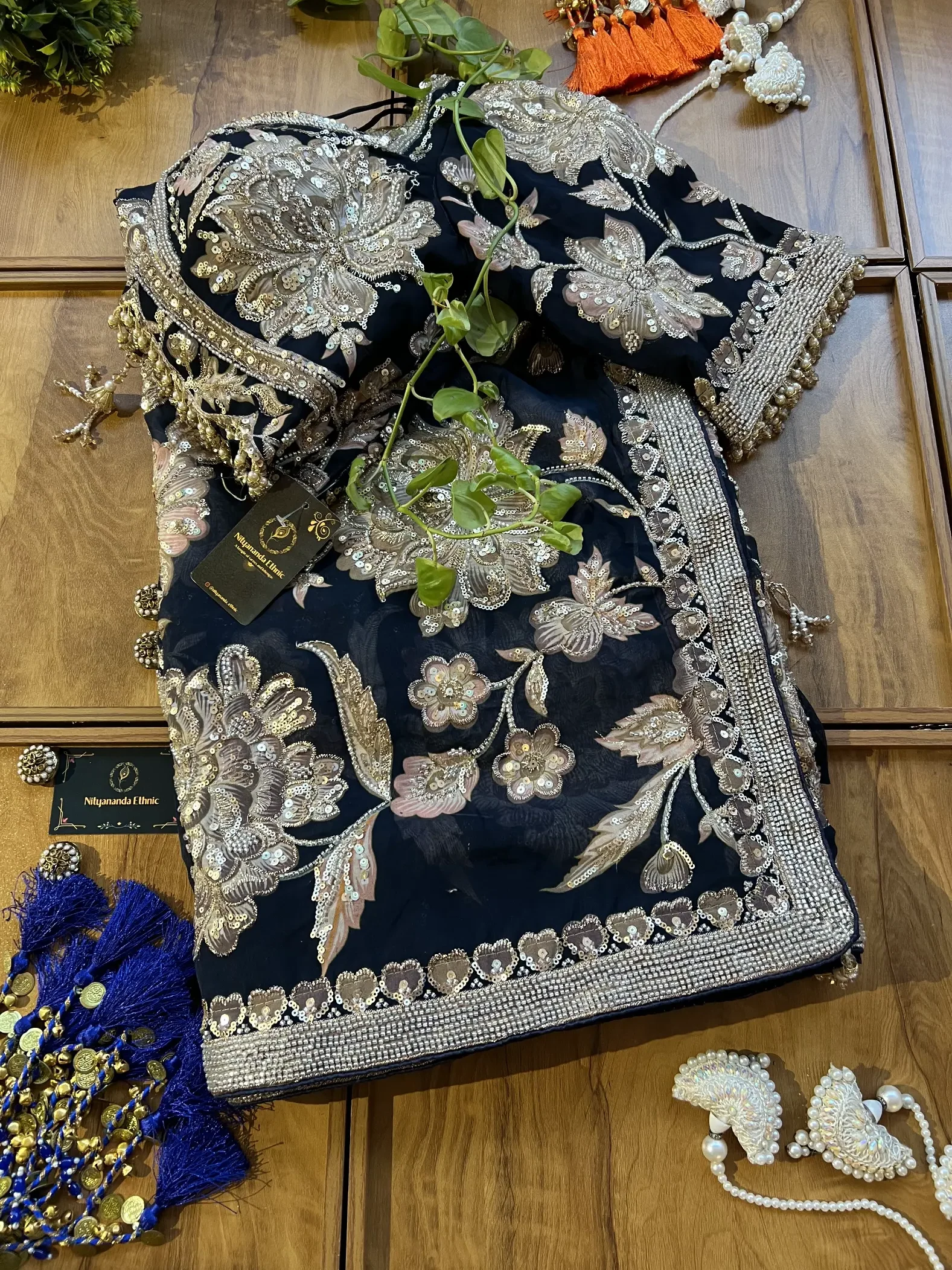 Navy Blue Organza Floral Printed Heavy Bel Jaal Handwork Saree