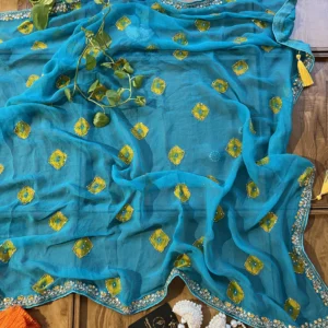 Firozi Chiffon Bandhani Handwork Lightweight Saree with Mustard Yellow Blouse